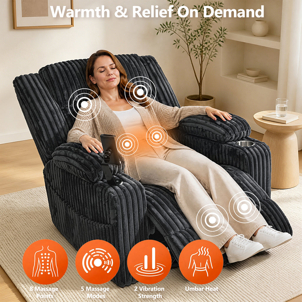 Large Wide Power Lift Recliner Chair for Elderly, Oversized Recliner with Power Headrest, Heat and Massage, Extended Footrest, USB Ports, Cup Holders and Storage Pockets, Dark Gray