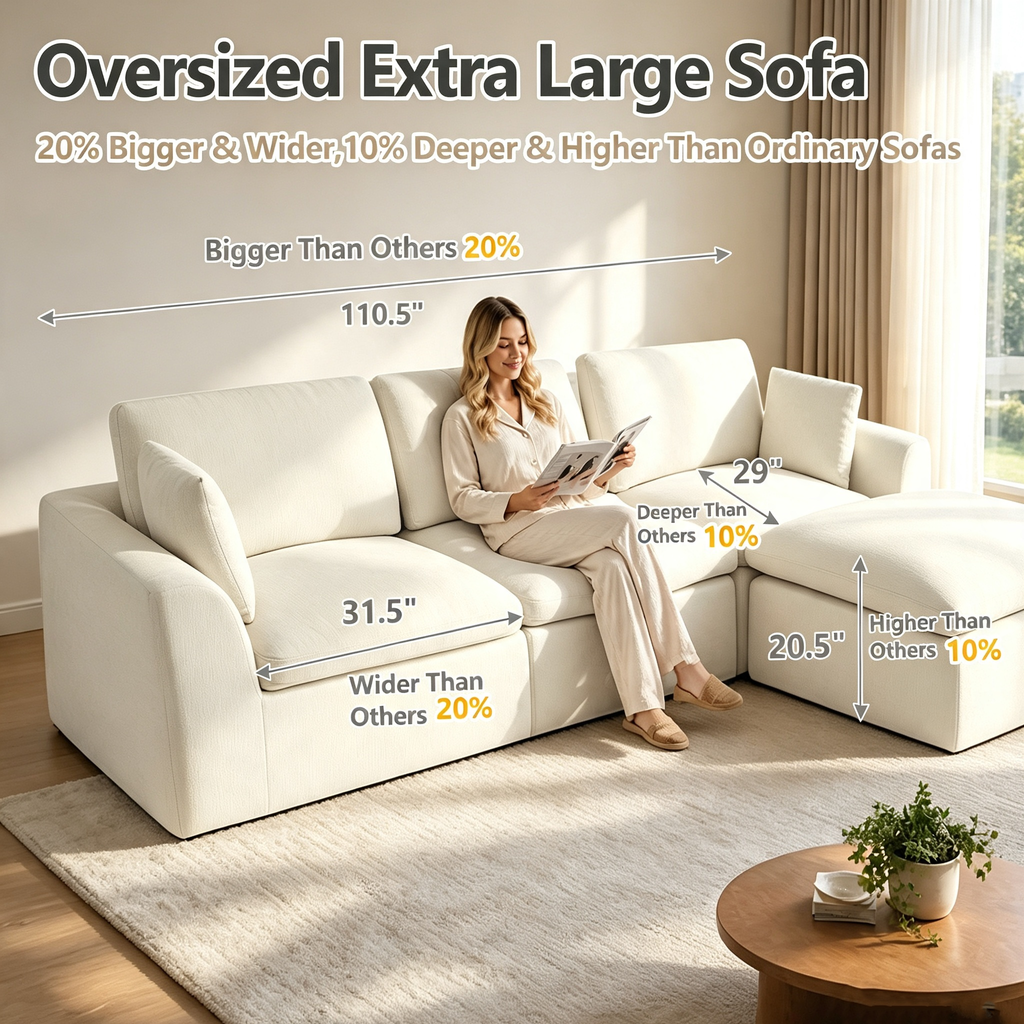 110.5" 3-Seater L-Shaped Cloud Sofa with Ottoman, Deep Seat Modular Sectional Couch with Memory Foam, Soft Chenille Fabric, Plush Comfy Sofa for Living Room, Beige