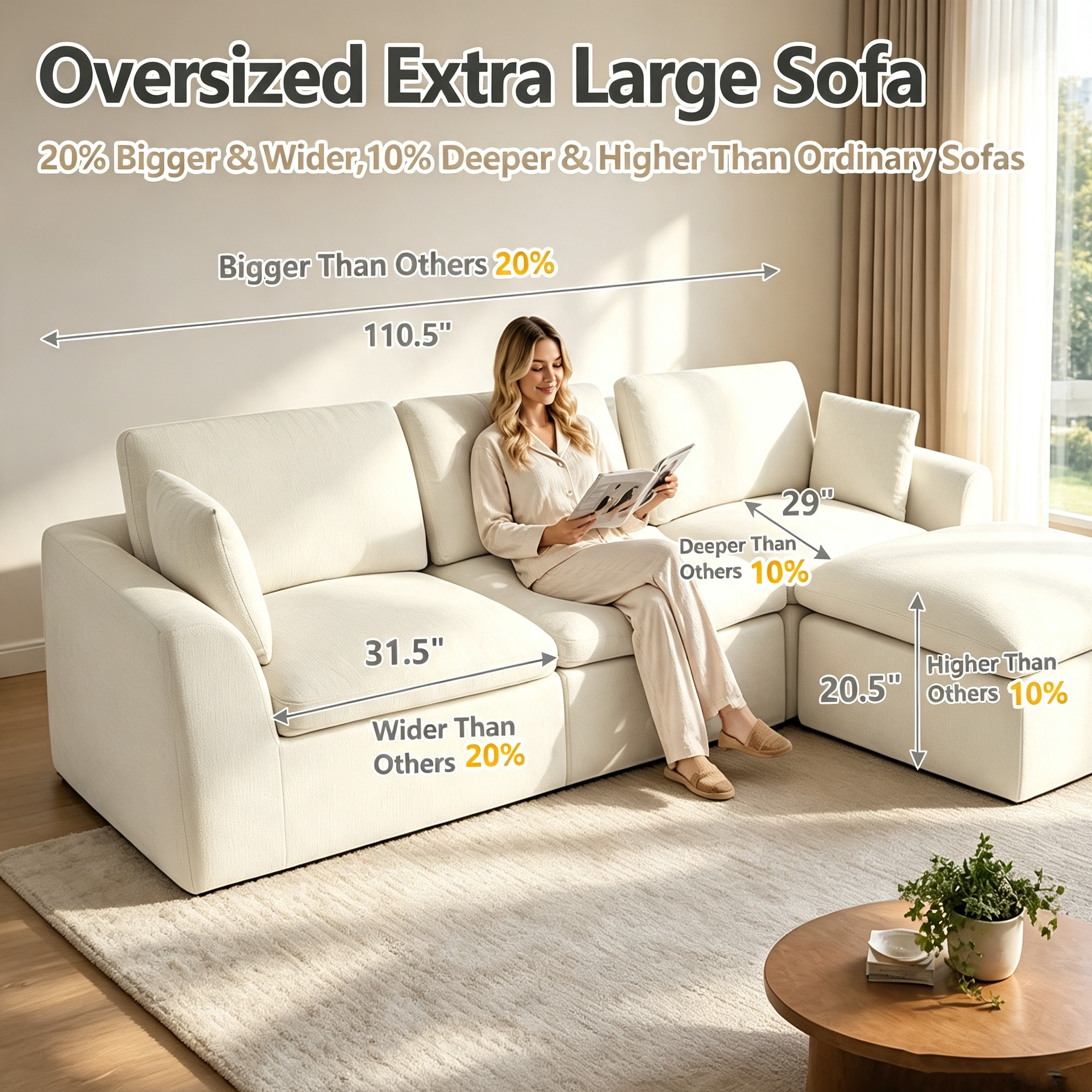 110.5" 3-Seater L-Shaped Cloud Sofa with Ottoman, Deep Seat Modular Sectional Couch with Memory Foam, Soft Chenille Fabric, Plush Comfy Sofa for Living Room, Beige