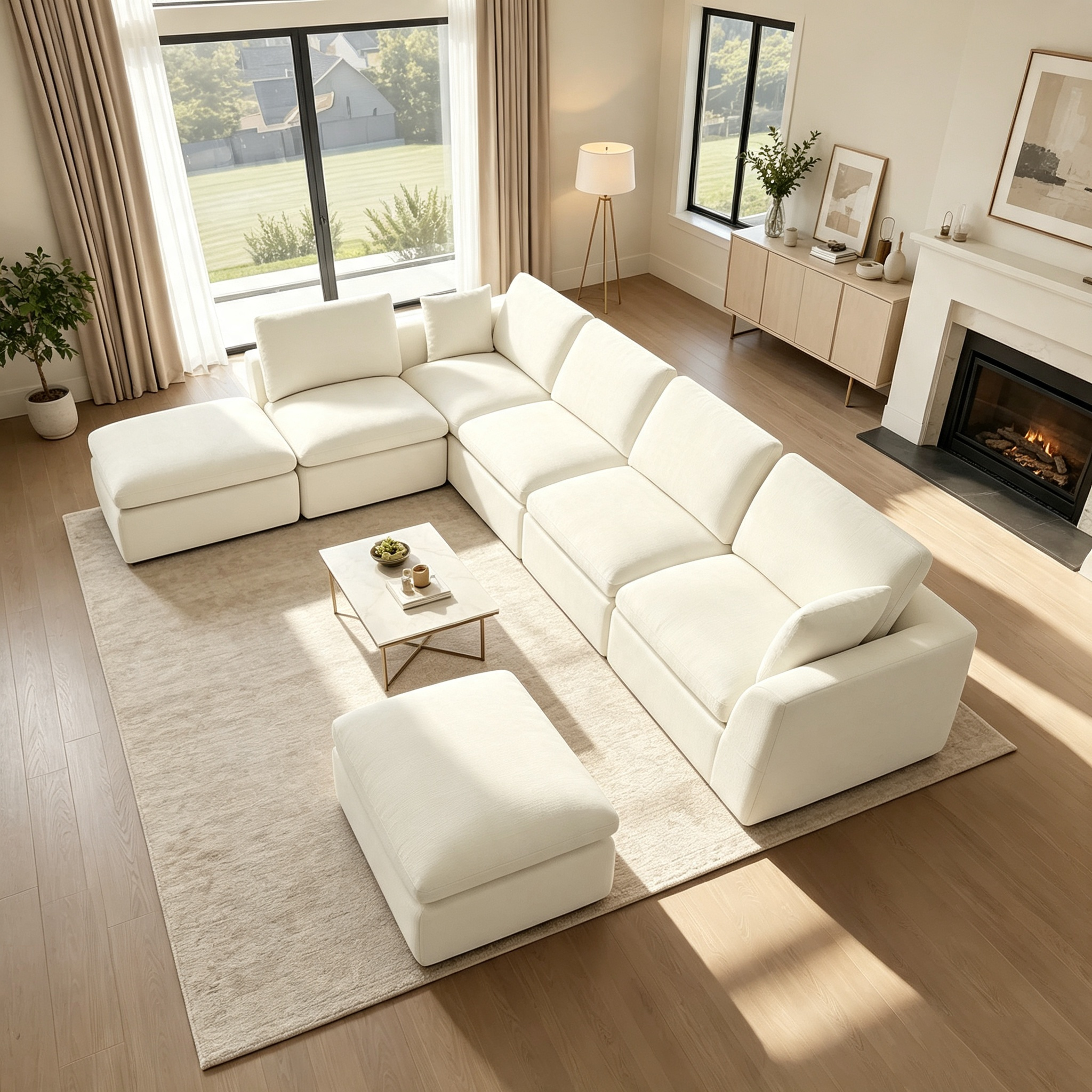 175" 5-Seater Cloud Sofa with 2 Movable Ottomans, Deep Seat Modelar Sectional Sofa with Memory Foam, Soft Chenille Fabric, Plush Comfy Sofa for Living Room, Beige