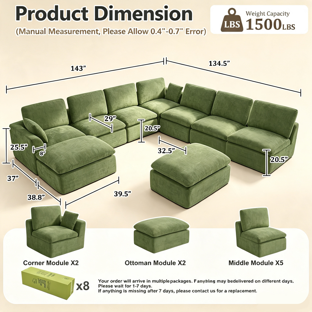 240.5" 7-Seater Cloud Sofa with 2 Movable Ottomans, Deep Seat Modelar Sectional Sofa with Memory Foam, Soft Chenille Fabric, Plush Comfy Sofa for Living Room, Green