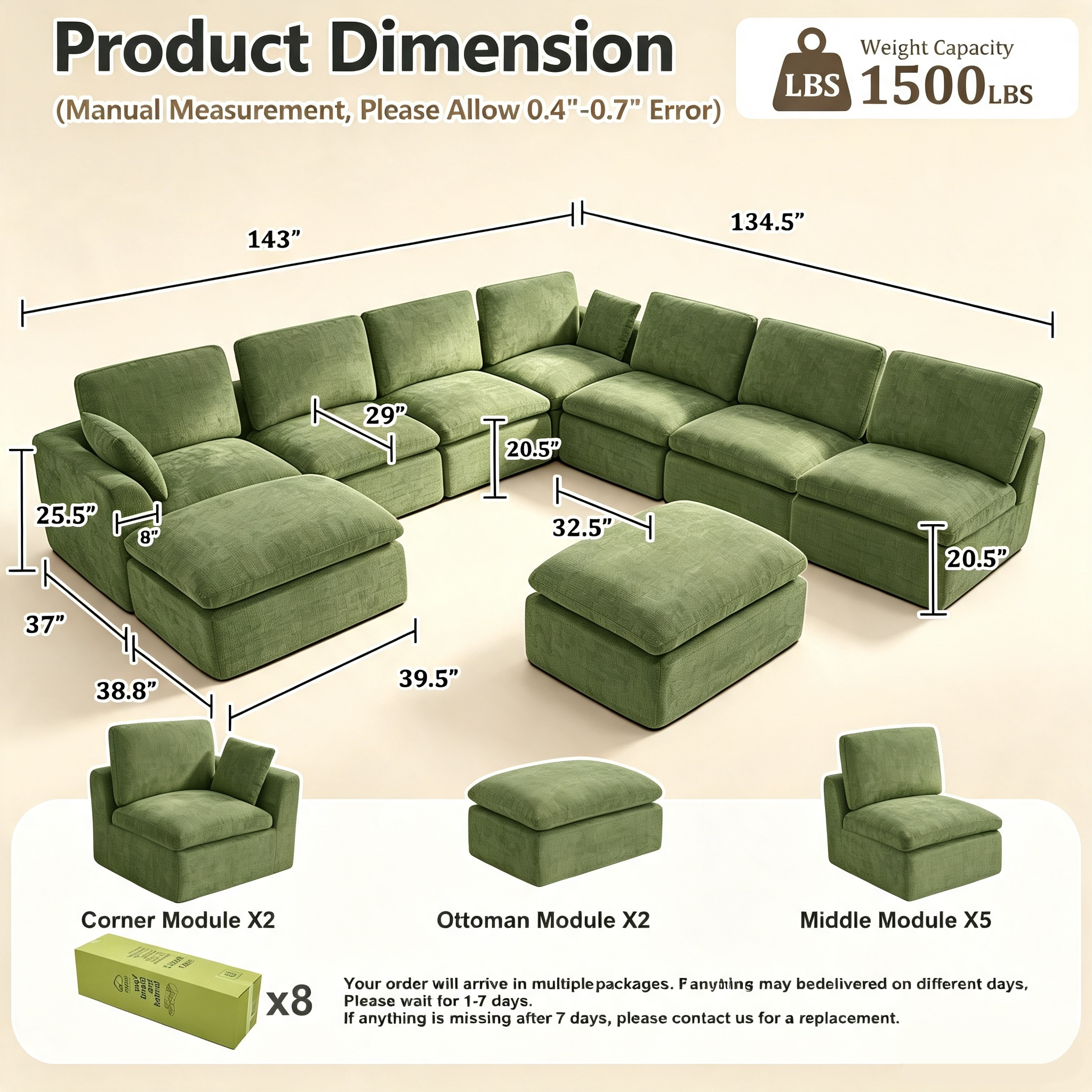 240.5" 7-Seater Cloud Sofa with 2 Movable Ottomans, Deep Seat Modelar Sectional Sofa with Memory Foam, Soft Chenille Fabric, Plush Comfy Sofa for Living Room, Green