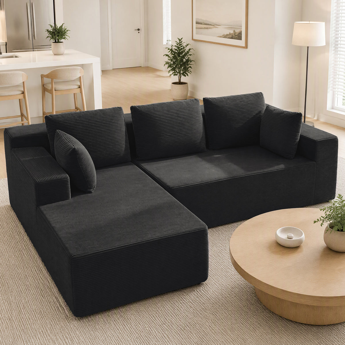 Cfvyne 98" Modular Sectional Sofa with Chaise, Boneless Cloud Couch with Dual-Layer Foam, Deep Seat L-Shaped Corduroy Sofa for Living Room, Black