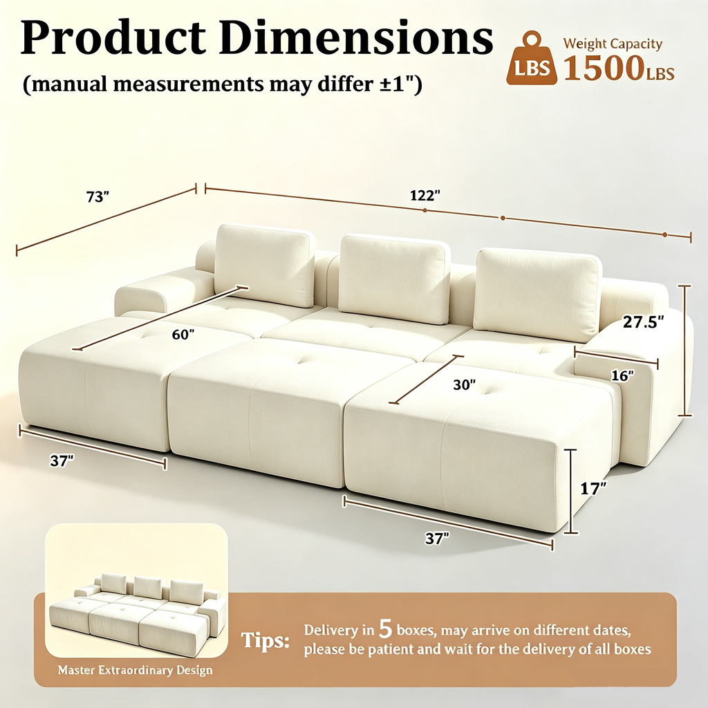 122" Modular Sectional Sofa U-Shaped Oversized Cloud Couch with High Back & Extra Deep Seat, No Assembly Required, Plush Chenille, 3 Seat&3 Ottoman, Beige