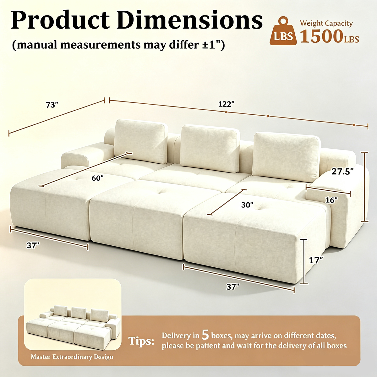 122" Modular Sectional Sofa U-Shaped Oversized Cloud Couch with High Back & Extra Deep Seat, No Assembly Required, Plush Chenille, 3 Seat&3 Ottoman, Beige