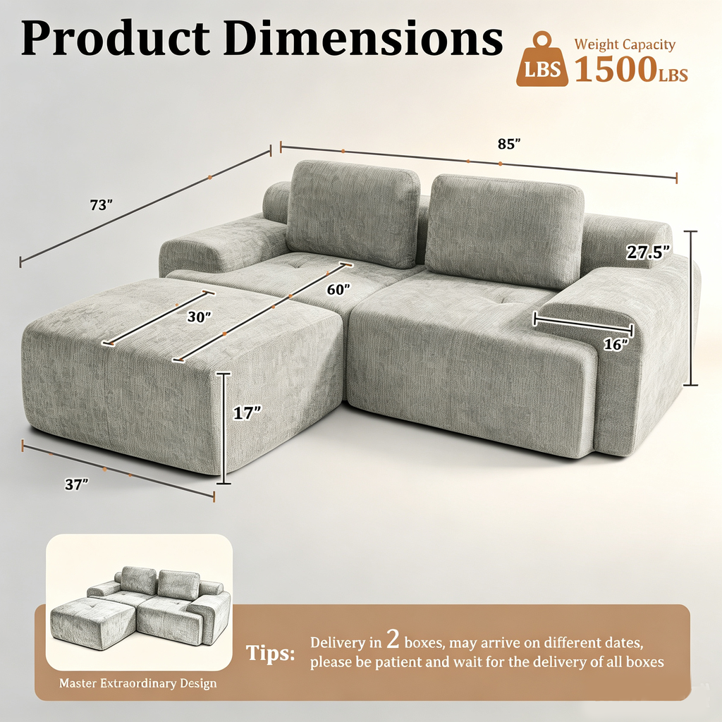 85" Oversized Cloud Modular Sofa, High Back & Extra Deep Seat, No Assembly Required Soft Chenille, 2 Seat,Light Gray