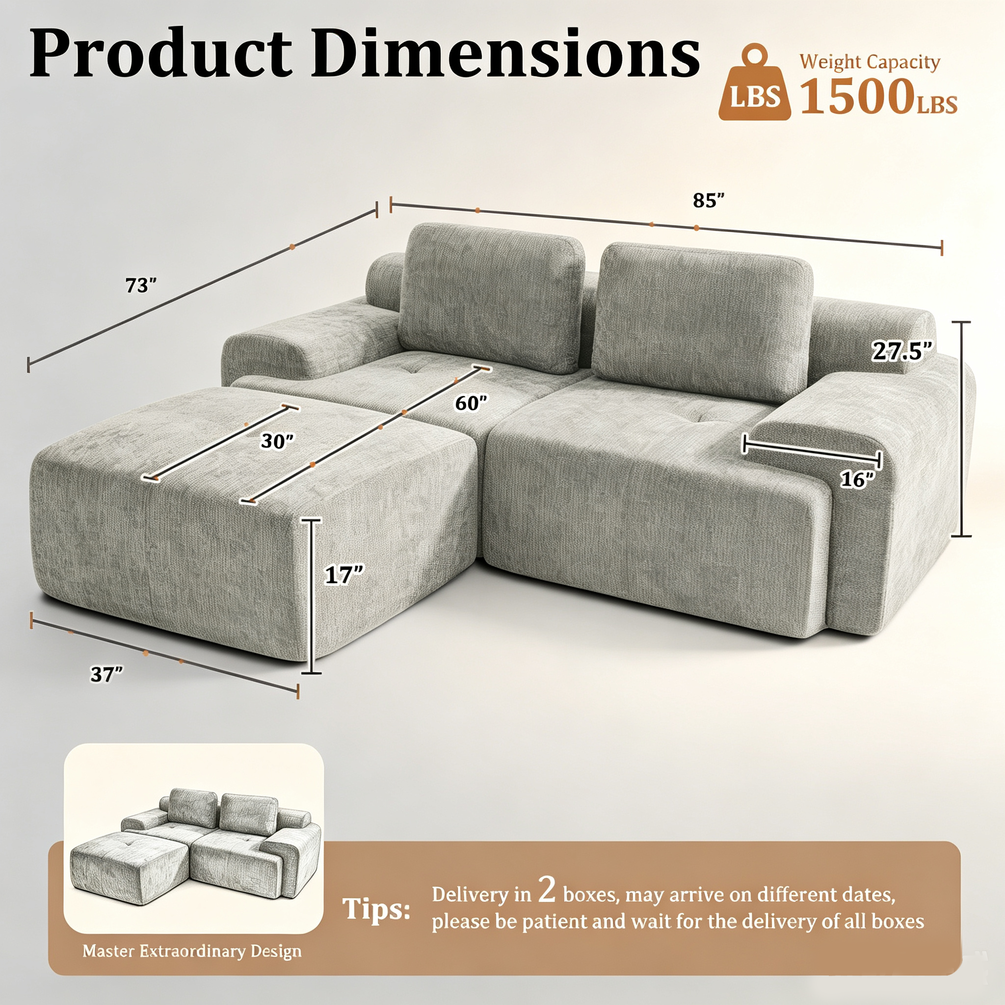 85" Oversized Cloud Modular Sofa, High Back & Extra Deep Seat, No Assembly Required Soft Chenille, 2 Seat,Light Gray