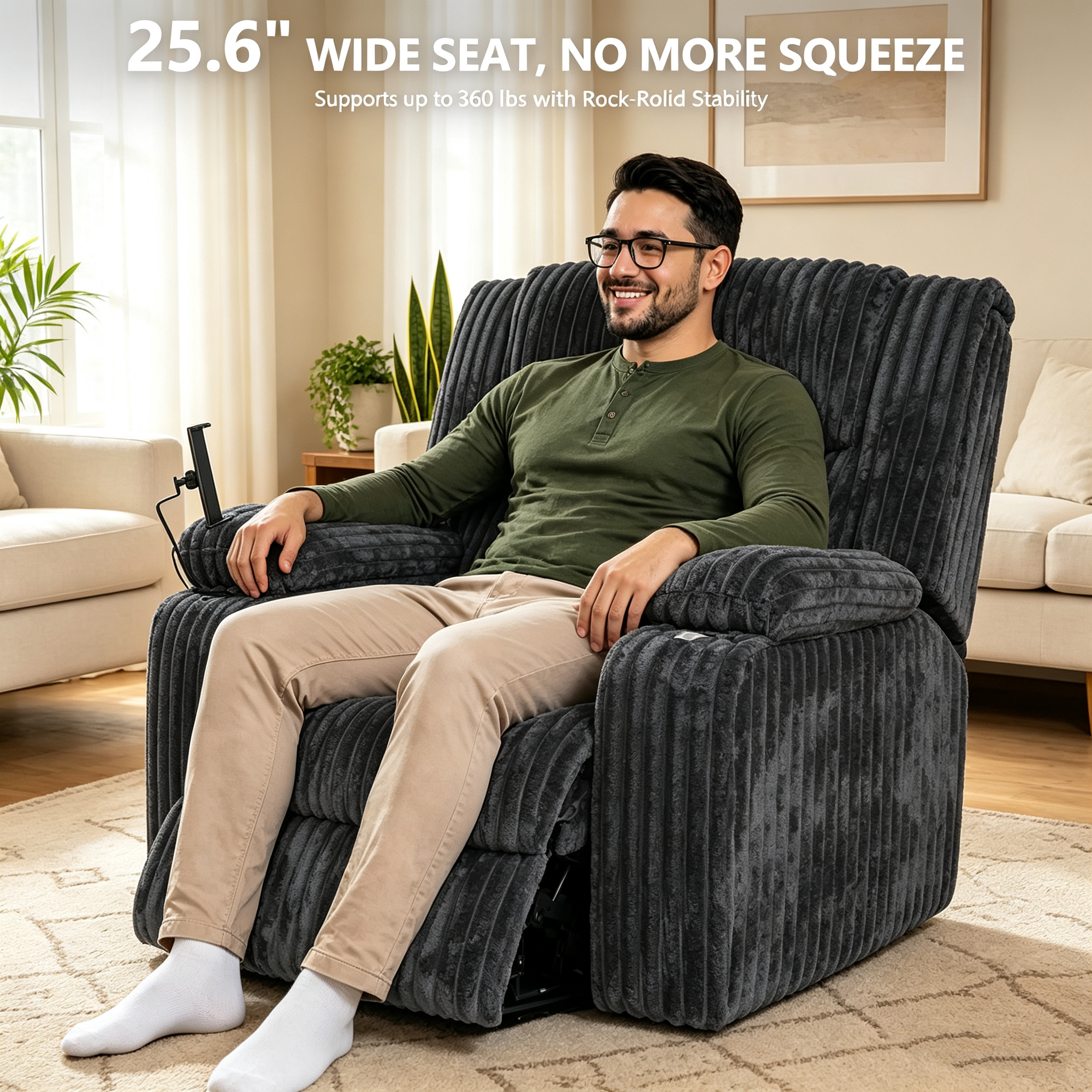Large Wide Power Lift Recliner Chair for Elderly, Oversized Recliner with Power Headrest, Heat and Massage, Extended Footrest, USB Ports, Cup Holders and Storage Pockets, Dark Gray