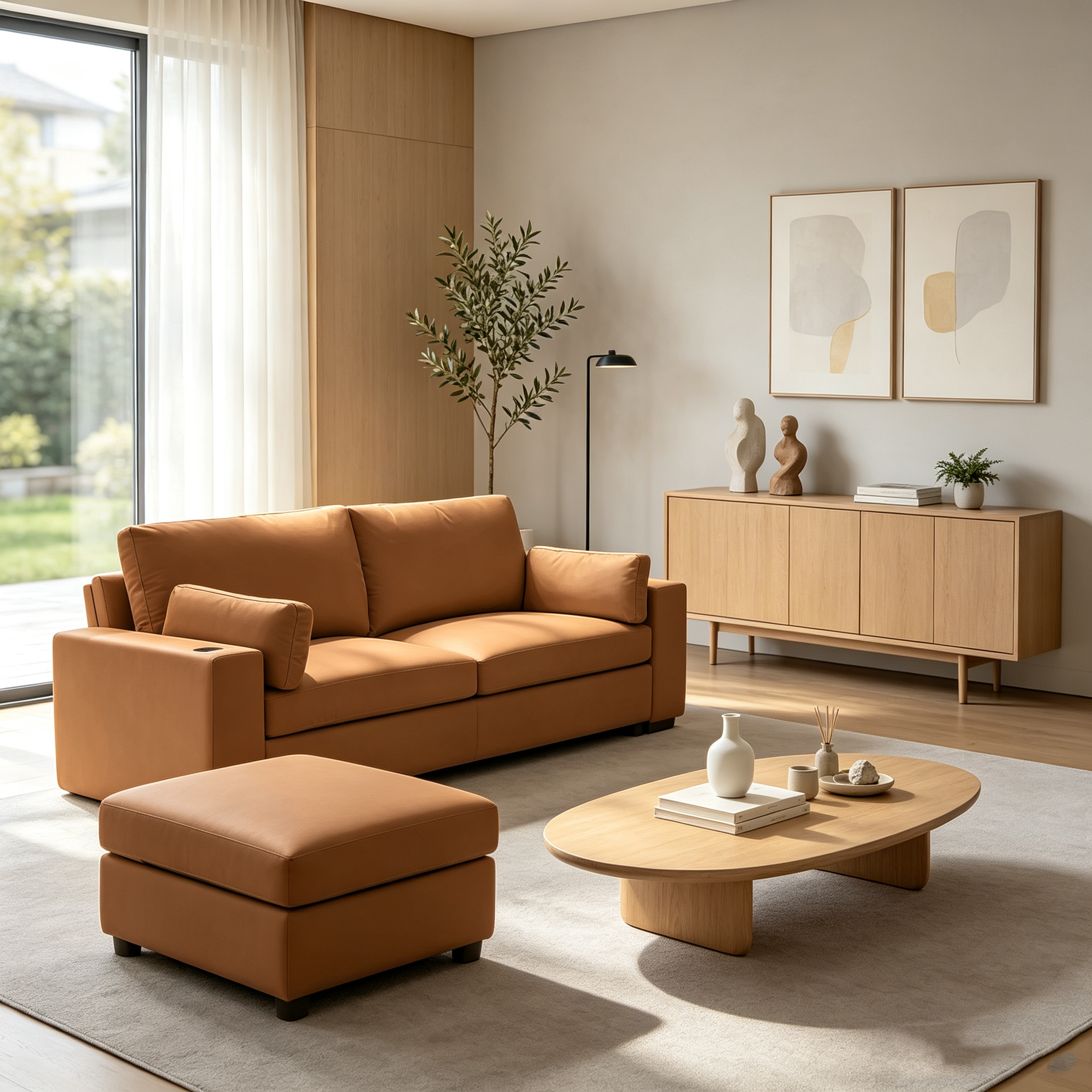 117" Oversized Modular Sectional Sofa with Storage Ottoman, Deep Seat L-Shaped Faux Leather Couch, Scratch-Resistant Vegan Leather, Modern Living Room, Brown