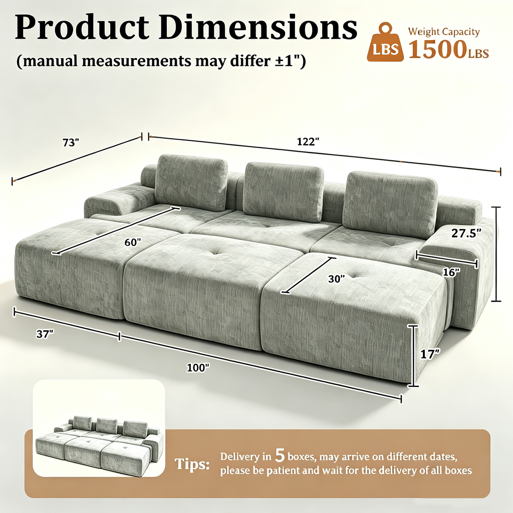 122" Modular Sectional Sofa U-Shaped Oversized Cloud Couch with High Back & Extra Deep Seat, No Assembly Required, Plush Chenille, 6 Seat, Light Grey