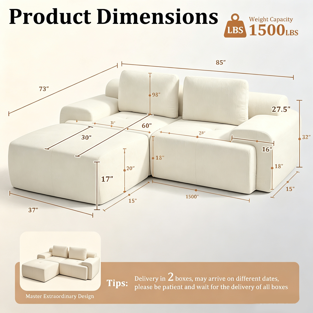 85" Oversized Cloud Modular Sofa, High Back & Extra Deep Seat, No Assembly Required Soft Chenille, 2 Seat,Beige