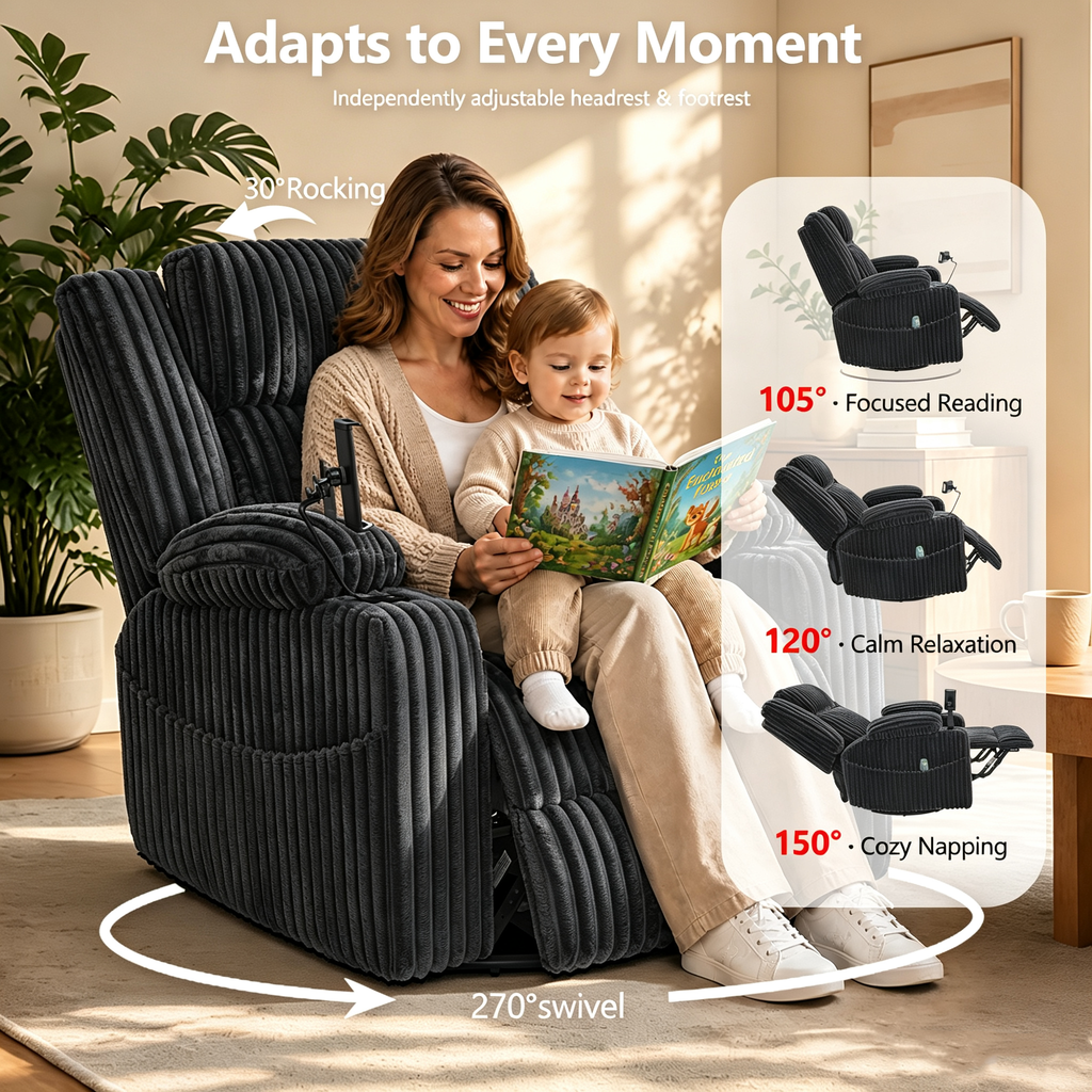 Large Wide Power Lift Recliner Chair for Elderly, Oversized Recliner with Power Headrest, Heat and Massage, Extended Footrest, USB Ports, Cup Holders and Storage Pockets, Dark Gray