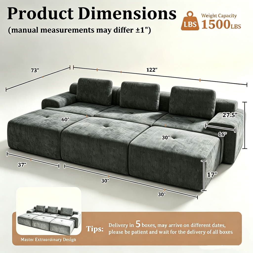 122" Modular Sectional Sofa U-Shaped Oversized Cloud Couch with High Back & Extra Deep Seat, No Assembly Required, Plush Chenille, 5 Seat, Dark Grey
