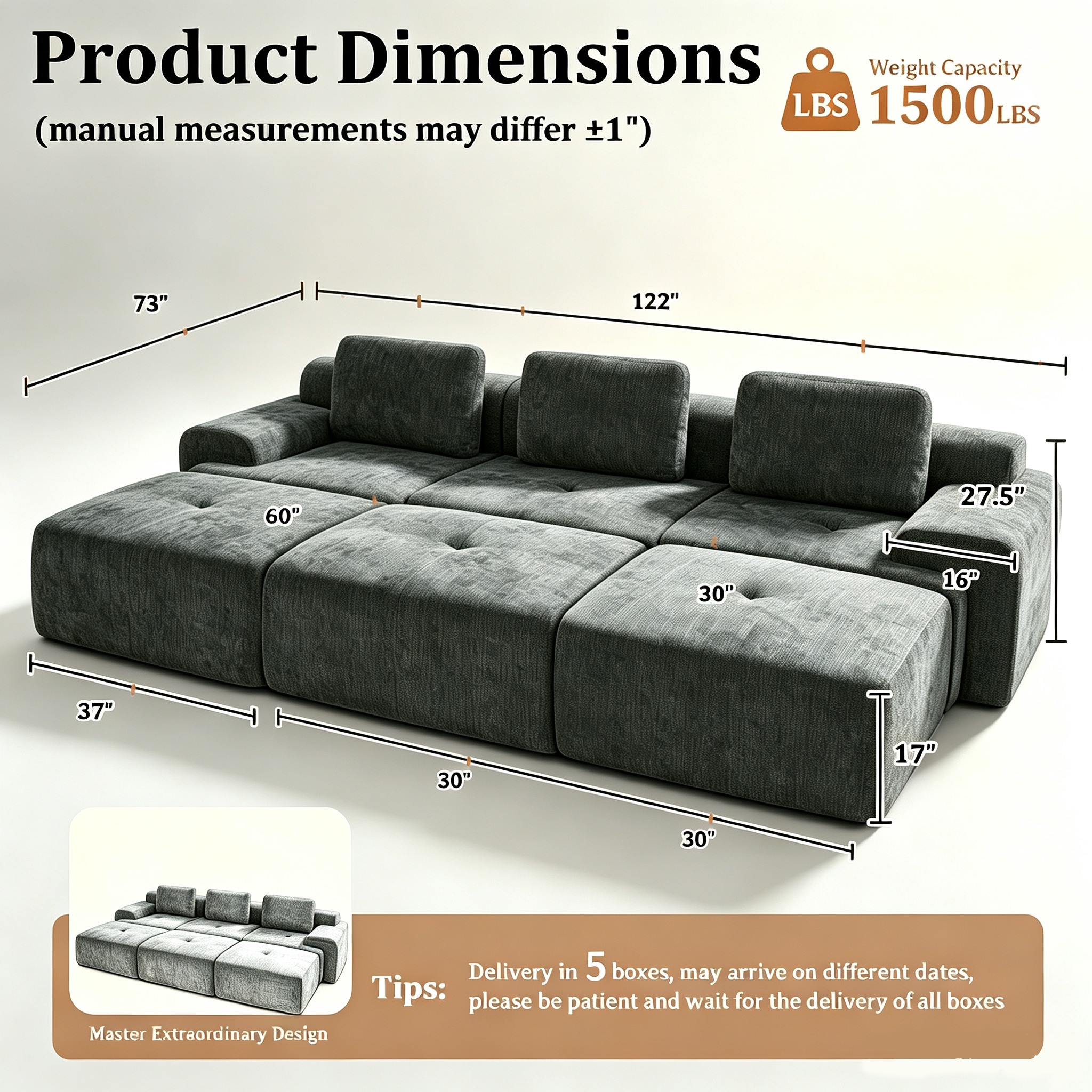 122" Modular Sectional Sofa U-Shaped Oversized Cloud Couch with High Back & Extra Deep Seat, No Assembly Required, Plush Chenille, 5 Seat, Dark Grey