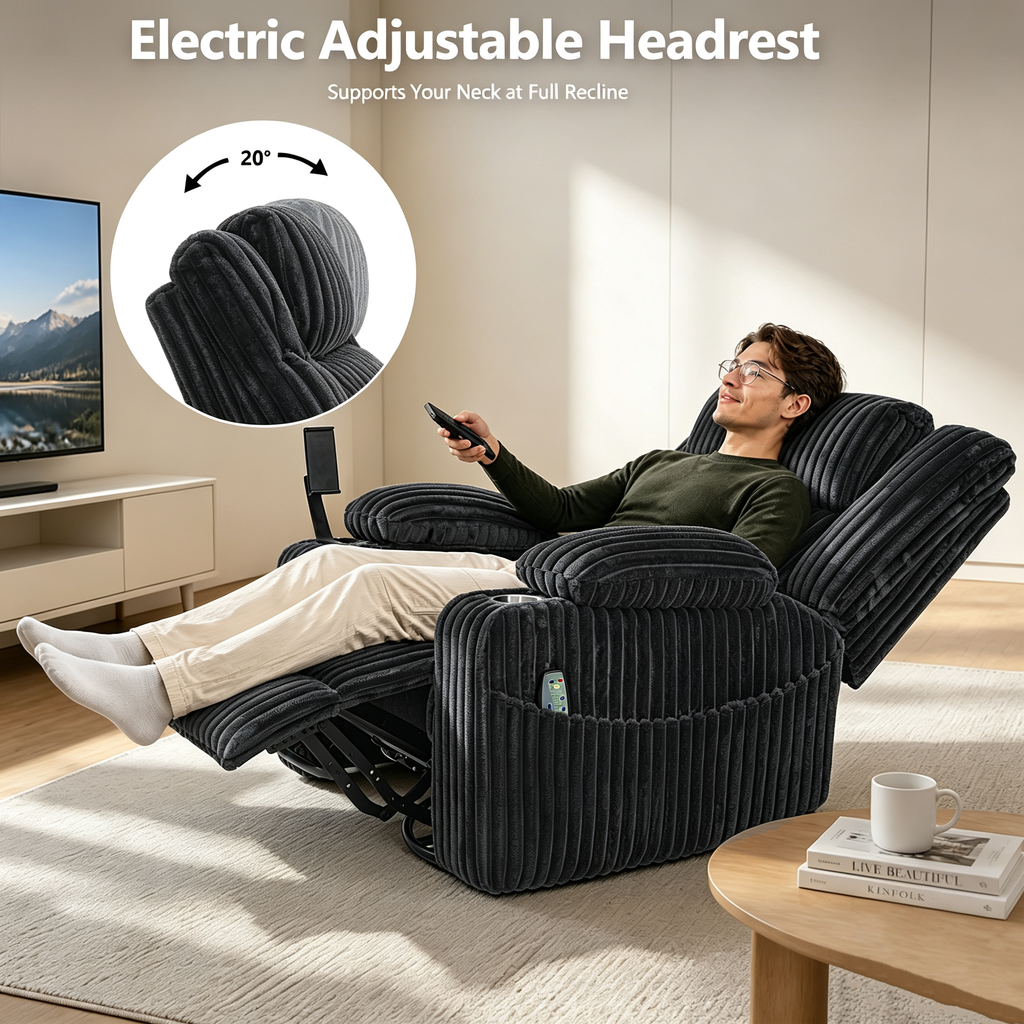 Large Wide Power Lift Recliner Chair for Elderly, Oversized Recliner with Power Headrest, Heat and Massage, Extended Footrest, USB Ports, Cup Holders and Storage Pockets, Dark Gray
