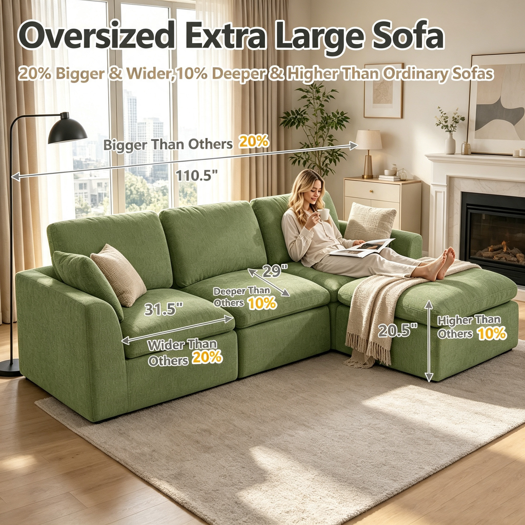 143" 4-Seater Cloud Sofa with 2 Movable Ottoman, Deep Seat Modelar Sectional Sofa with Memory Foam, Soft Chenille Fabric, Plush Comfy Sofa for Living Room, Green