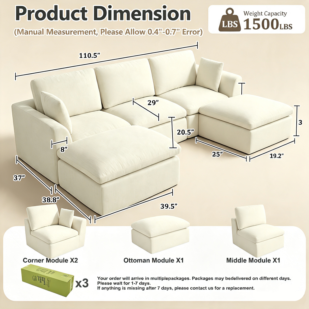 110.5" 3-Seater L-Shaped Cloud Sofa with Ottoman, Deep Seat Modular Sectional Couch with Memory Foam, Soft Chenille Fabric, Plush Comfy Sofa for Living Room, Beige