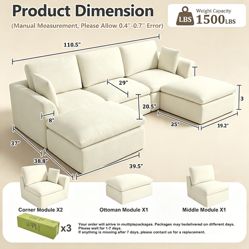 110.5" 3-Seater L-Shaped Cloud Sofa with Ottoman, Deep Seat Modular Sectional Couch with Memory Foam, Soft Chenille Fabric, Plush Comfy Sofa for Living Room, Beige