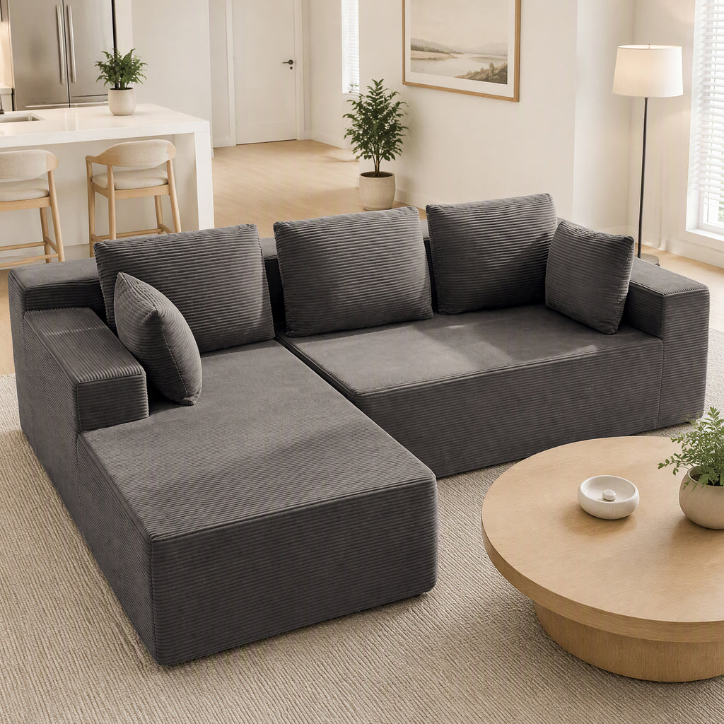 Cfvyne 98" Modular Sectional Sofa with Chaise, Boneless Cloud Couch with Dual-Layer Foam, Deep Seat L-Shaped Corduroy Sofa for Living Room, Dark Gray