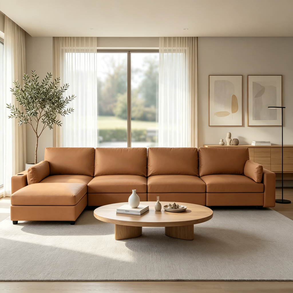 151" Oversized Modular Sectional Sofa with Storage Ottoman, Deep Seat L-Shaped Faux Leather Couch, Scratch-Resistant Vegan Leather, Modern Living Room, Brown