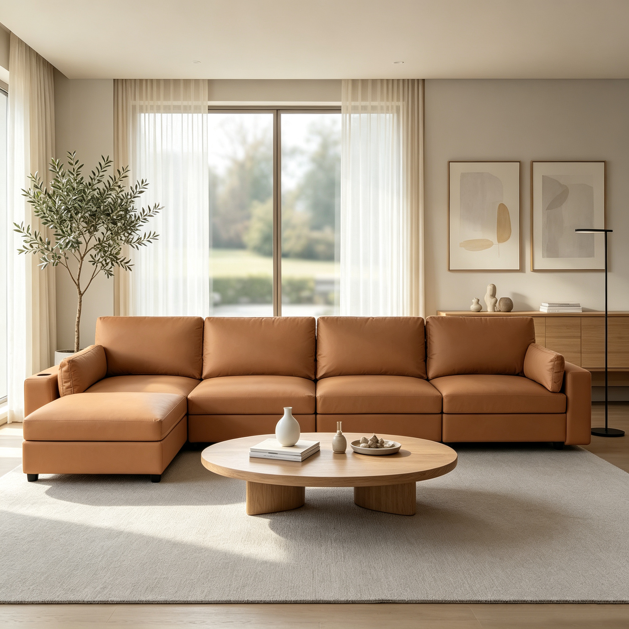 151" Oversized Modular Sectional Sofa with Storage Ottoman, Deep Seat L-Shaped Faux Leather Couch, Scratch-Resistant Vegan Leather, Modern Living Room, Brown