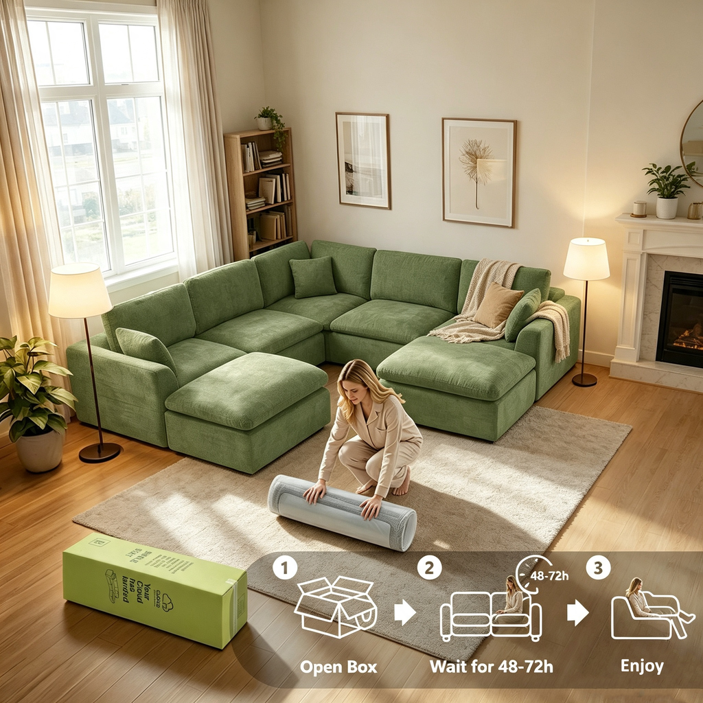 143" 4-Seater Cloud Sofa with 2 Movable Ottoman, Deep Seat Modelar Sectional Sofa with Memory Foam, Soft Chenille Fabric, Plush Comfy Sofa for Living Room, Green