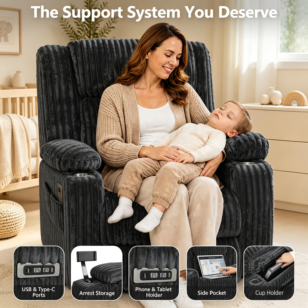 Large Wide Power Lift Recliner Chair for Elderly, Oversized Recliner with Power Headrest, Heat and Massage, Extended Footrest, USB Ports, Cup Holders and Storage Pockets, Dark Gray