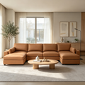 151" Oversized Modular U-Shaped Sectional Sofa with 2 Storage Ottomans, Deep Seat Faux Leather Couch, Scratch-Resistant Vegan Leather, Modern Living Room, Brown