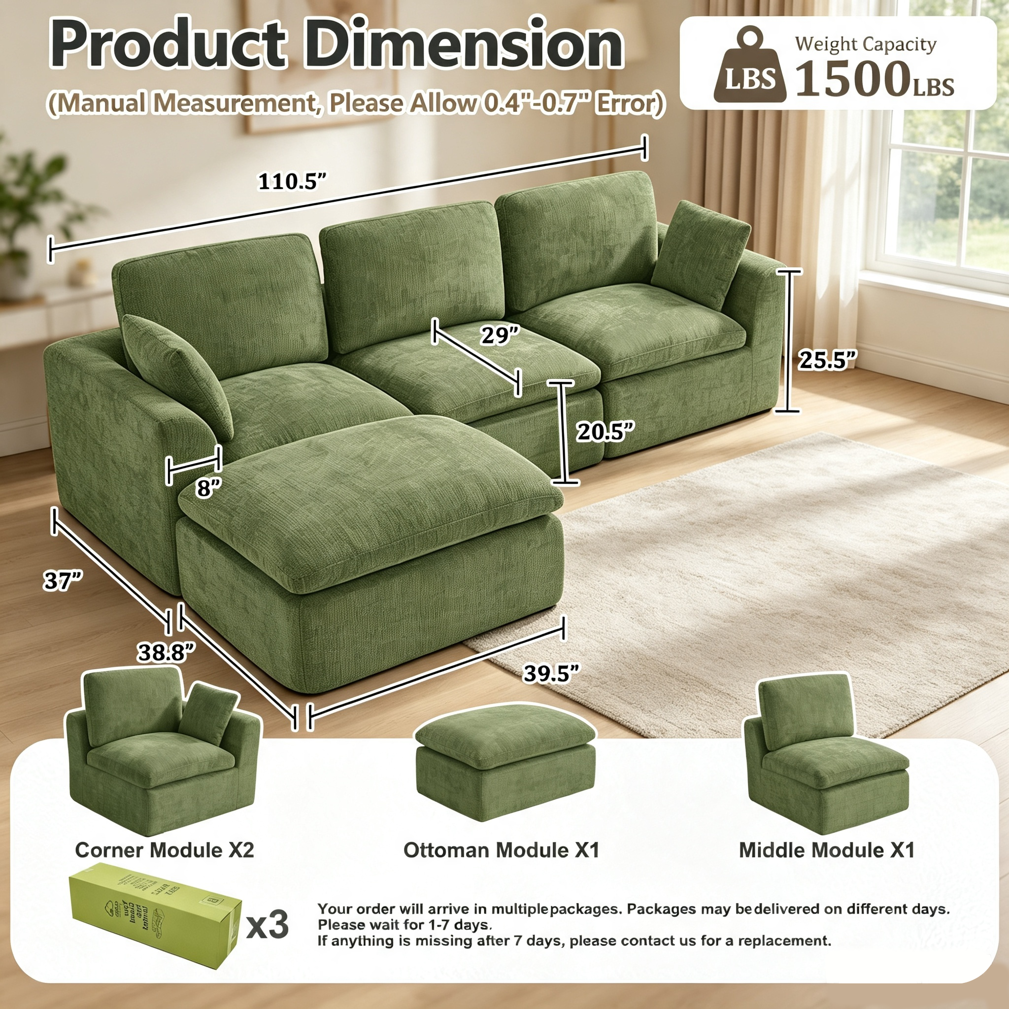 110.5" 3-Seater L-Shaped Cloud Sofa with Ottoman, Deep Seat Modular Sectional Couch with Memory Foam, Soft Chenille Fabric, Plush Comfy Sofa for Living Room, Green