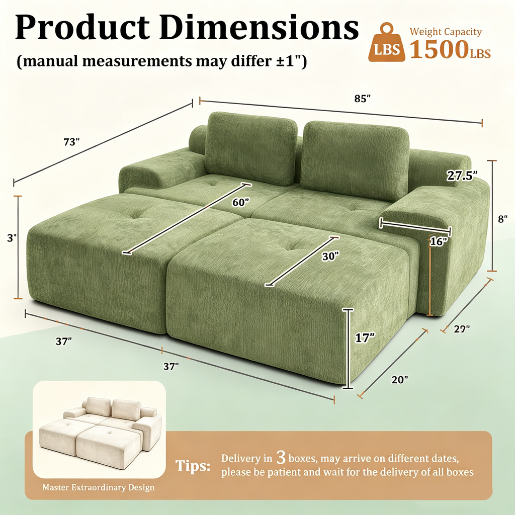 85" Oversized Cloud Modular Sofa, High Back & Extra Deep Seat, No Assembly Required Soft Chenille, Single Seat,Gray