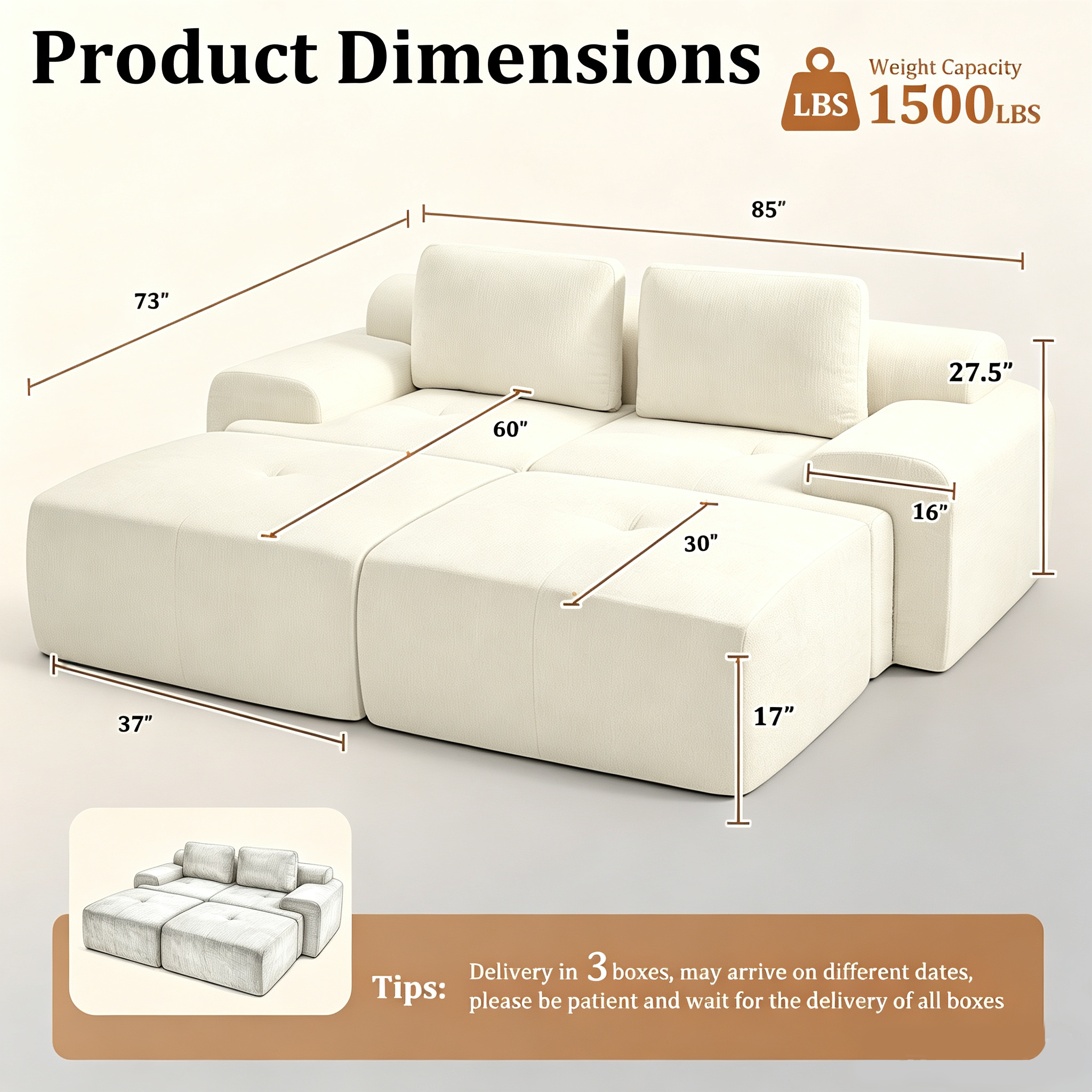 85" Oversized Cloud Modular Sofa, High Back & Extra Deep Seat, No Assembly Required Soft Chenille, 2 Seats &2 Ottoman,Beige