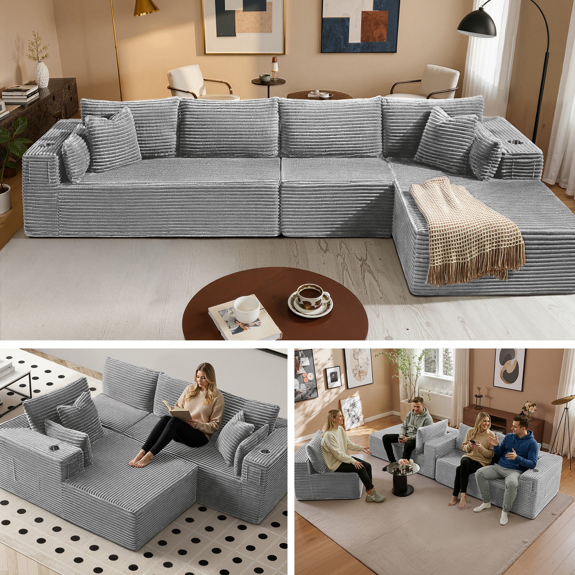 138" L-Shape Modular Cloud Sectional Boneless Sofa with Chaise, Extra-Wide Deep Seat Plush Corduroy Couch for Living Rooms & Apartments (Light Grey)