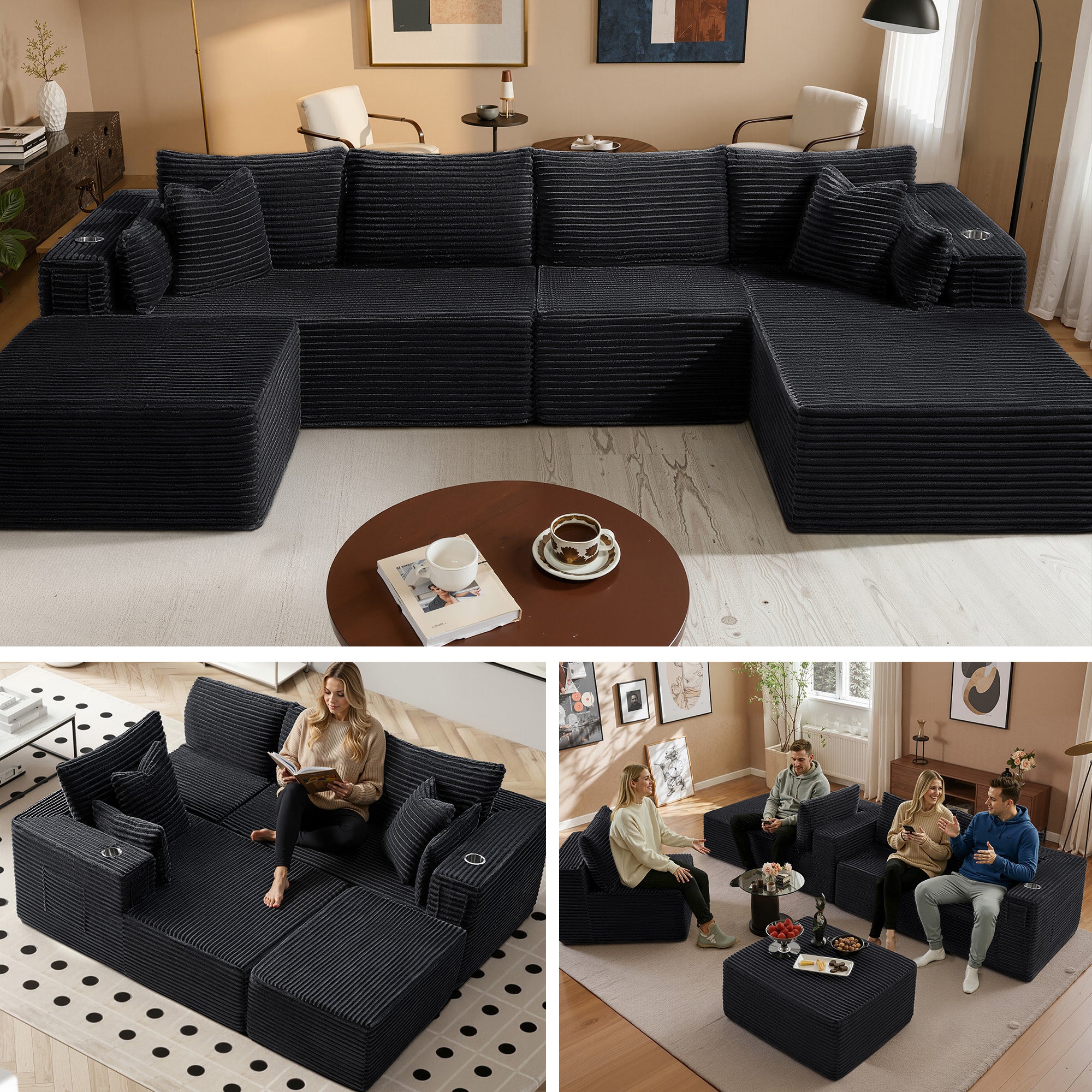 138" U-Shape Modular Cloud Sectional Boneless Sofa with Chaise & Ottoman, Extra-Wide Deep Seat Plush Corduroy Couch for Living Rooms & Apartments (Black)