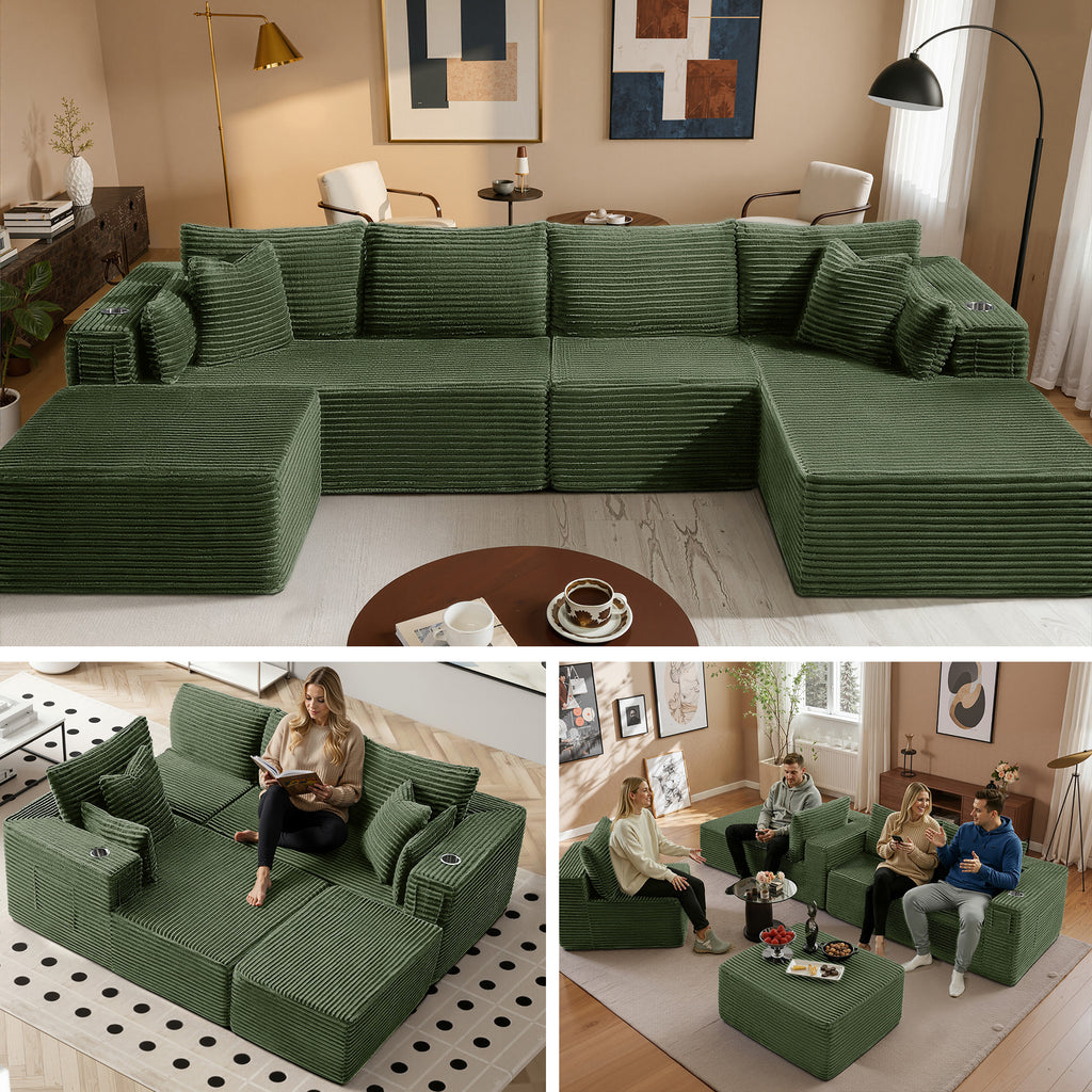 138" U-Shape Modular Cloud Sectional Boneless Sofa with Chaise & Ottoman, Extra-Wide Deep Seat Plush Corduroy Couch for Living Rooms & Apartments (Green)