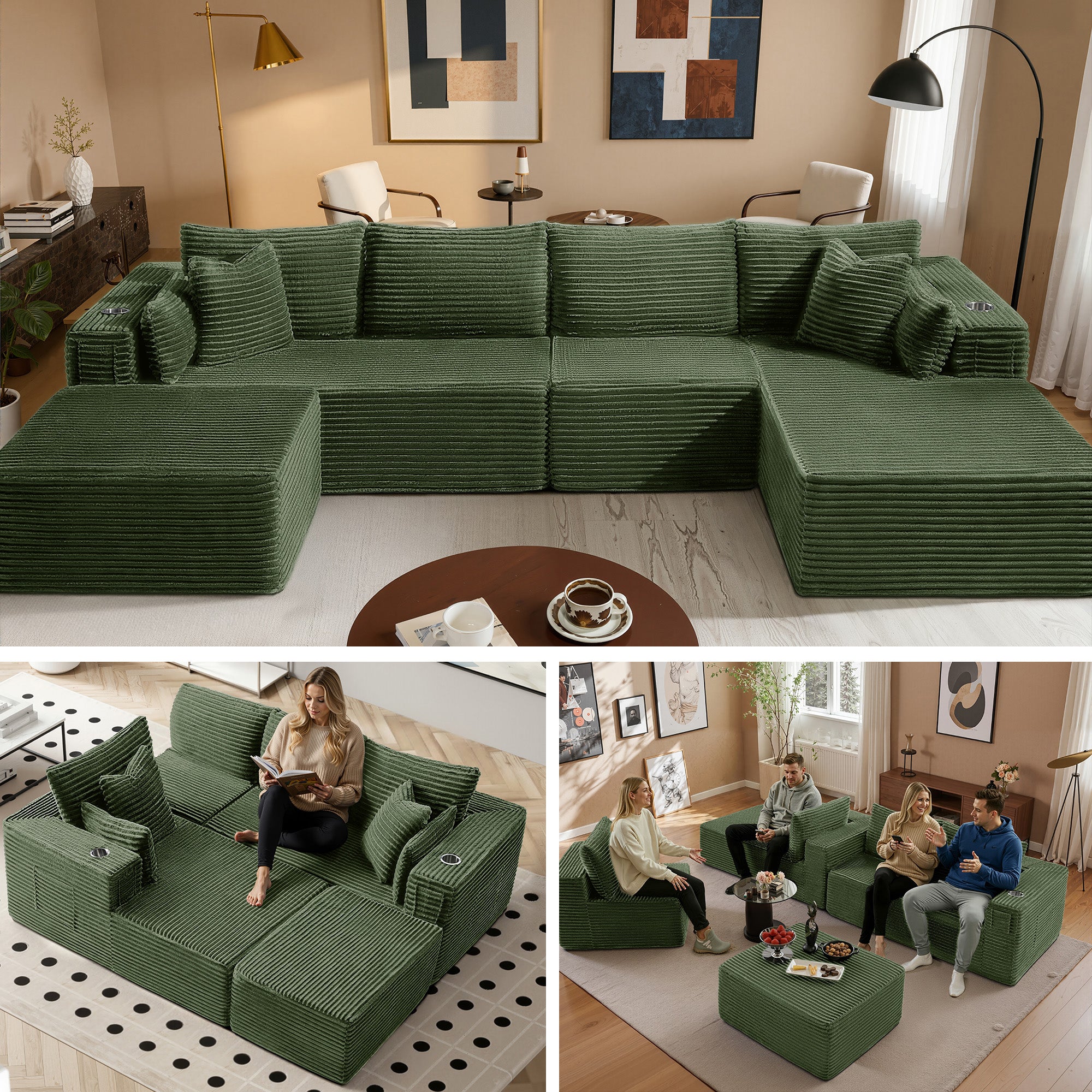 138" U-Shape Modular Cloud Sectional Boneless Sofa with Chaise & Ottoman, Extra-Wide Deep Seat Plush Corduroy Couch for Living Rooms & Apartments (Green)