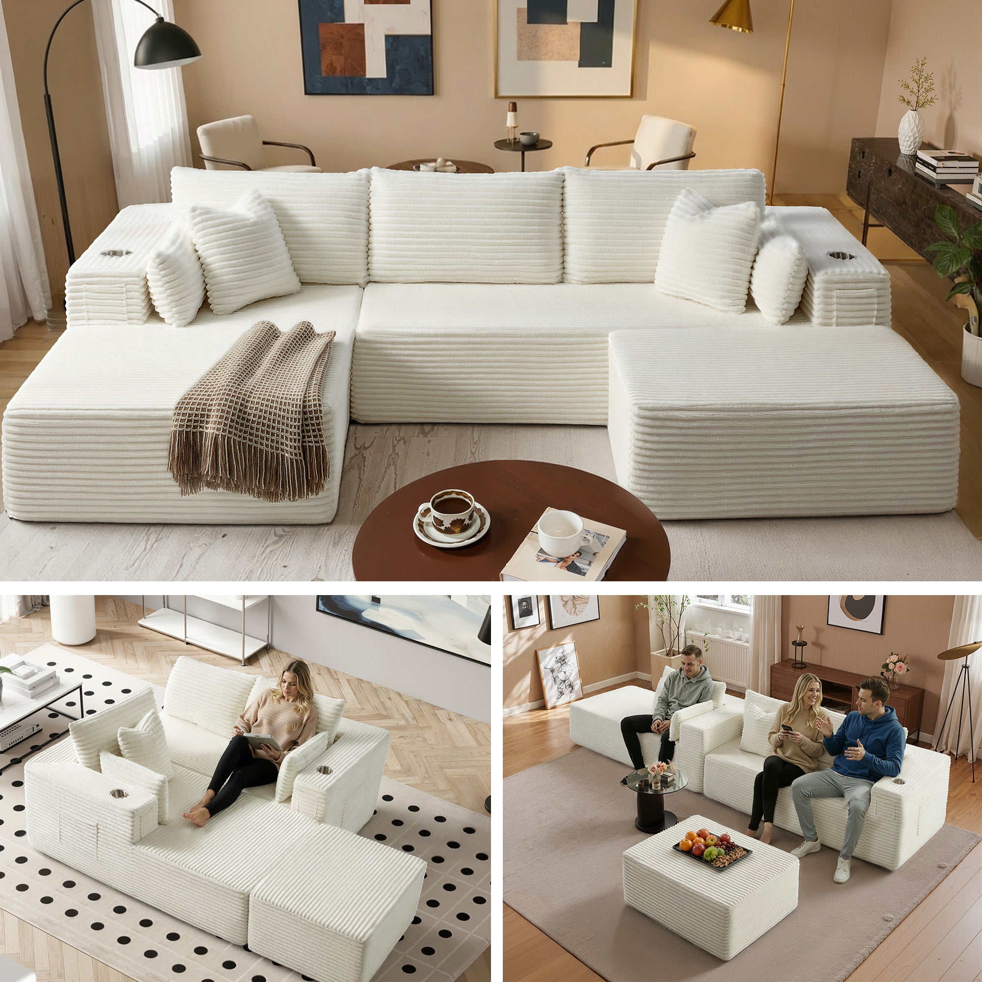 108" U-Shape Modular Cloud Sectional Boneless Sofa with Chaise & Ottoman, Extra-Wide Deep Seat Plush Corduroy Couch for Living Rooms & Apartments (Beige)
