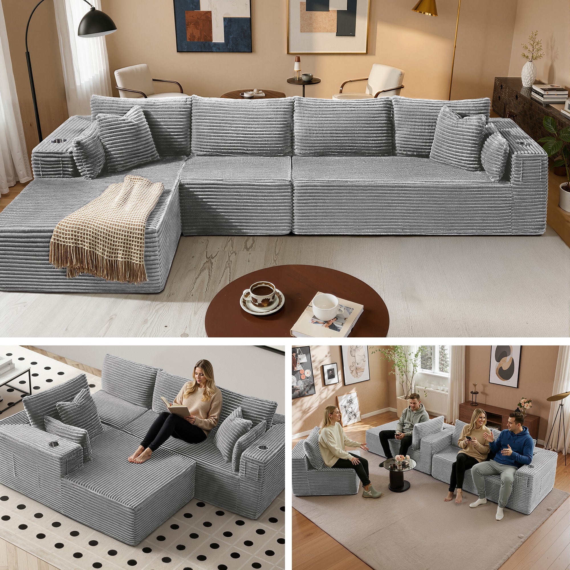 138" L-Shape Modular Cloud Sectional Boneless Sofa with Chaise, Extra-Wide Deep Seat Plush Corduroy Couch for Living Rooms & Apartments (Light Grey)