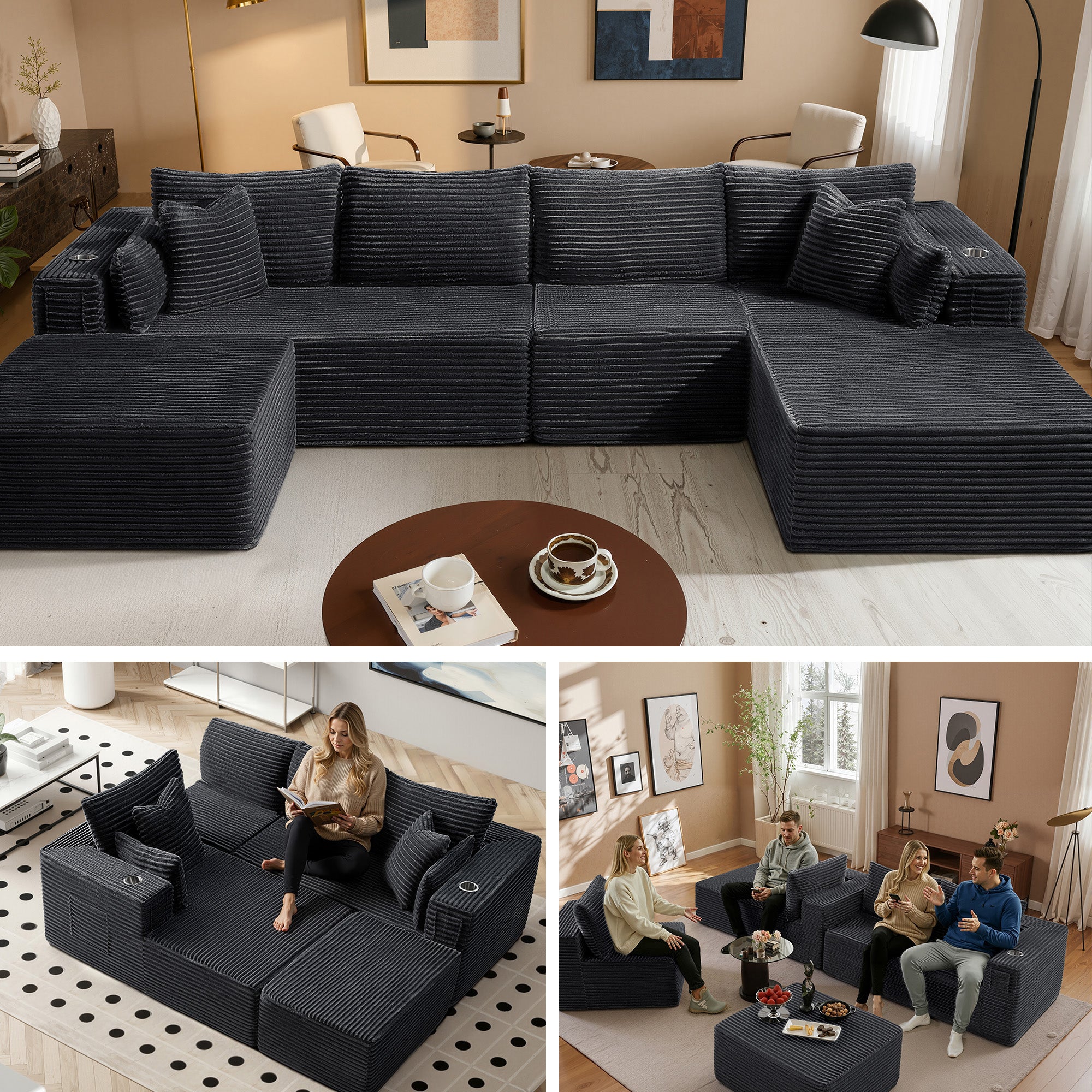 138" U-Shape Modular Cloud Sectional Boneless Sofa with Chaise & Ottoman, Extra-Wide Deep Seat Plush Corduroy Couch for Living Rooms & Apartments (Dark Grey)