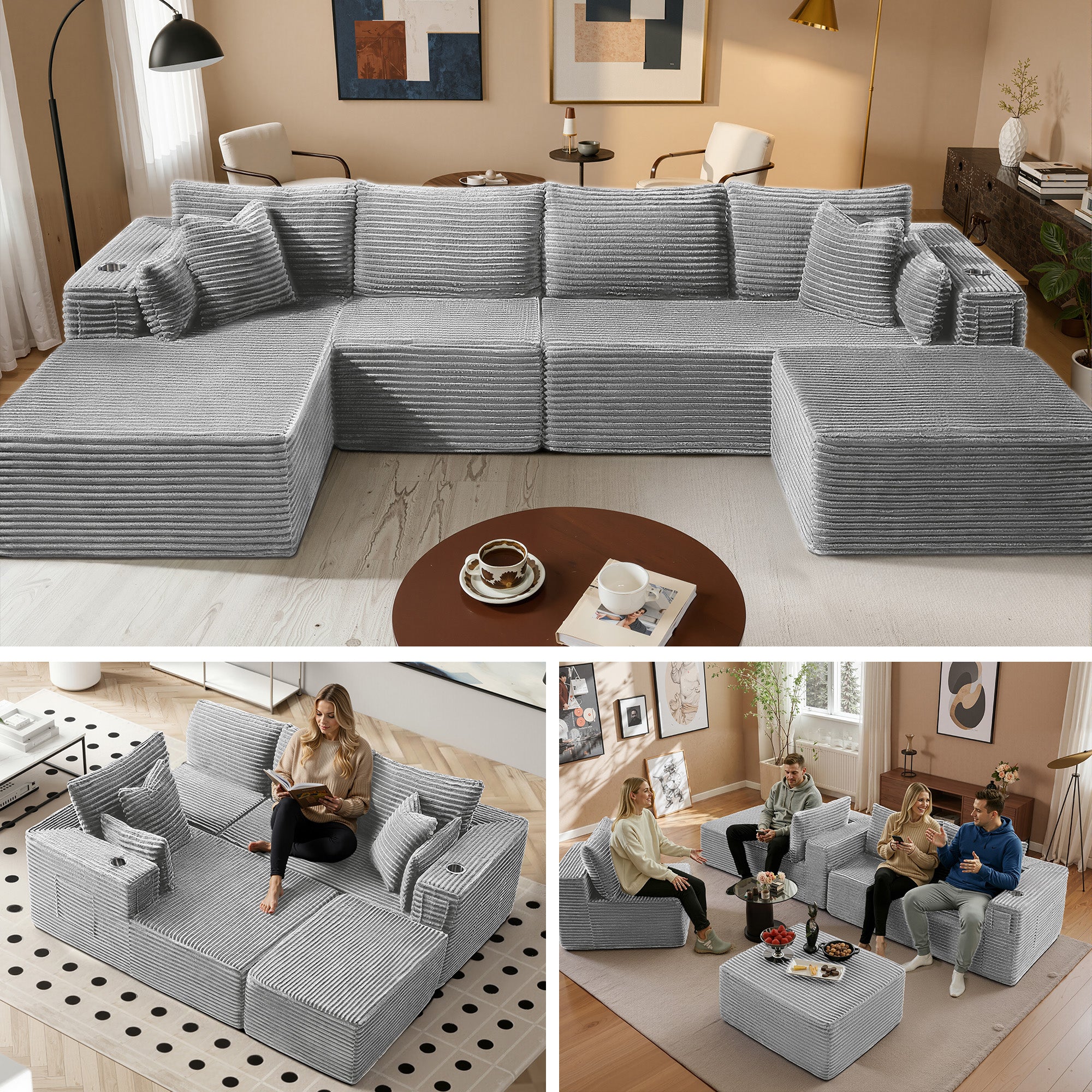 138" U-Shape Modular Cloud Sectional Boneless Sofa with Chaise & Ottoman, Extra-Wide Deep Seat Plush Corduroy Couch for Living Rooms & Apartments (Light Grey)