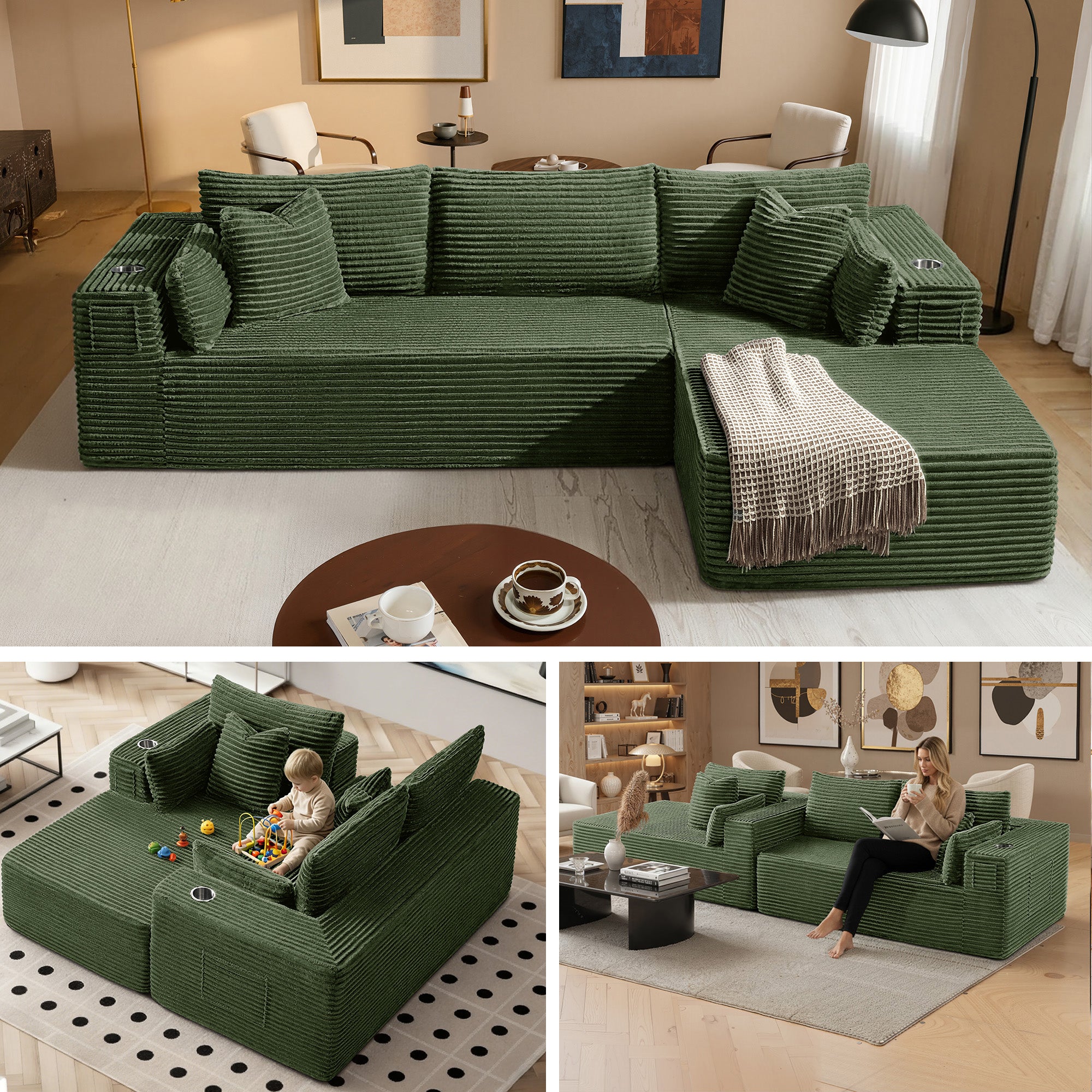 108" L-Shape Modular Cloud Sectional Boneless Sofa with Chaise, Extra-Wide Deep Seat Plush Corduroy Couch for Living Rooms & Apartments (Green)