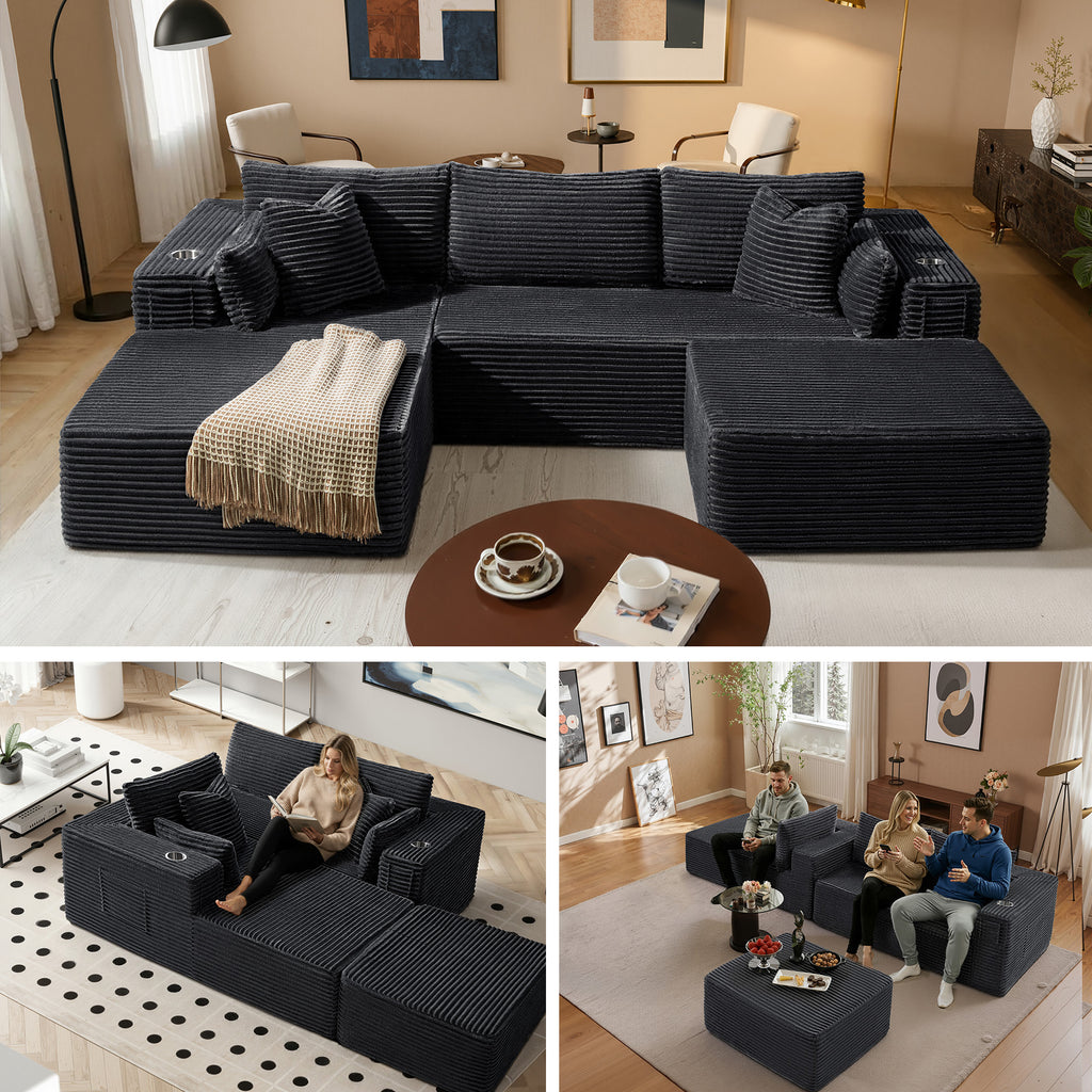 108" U-Shape Modular Cloud Sectional Boneless Sofa with Chaise & Ottoman, Extra-Wide Deep Seat Plush Corduroy Couch for Living Rooms & Apartments (Dark Grey)