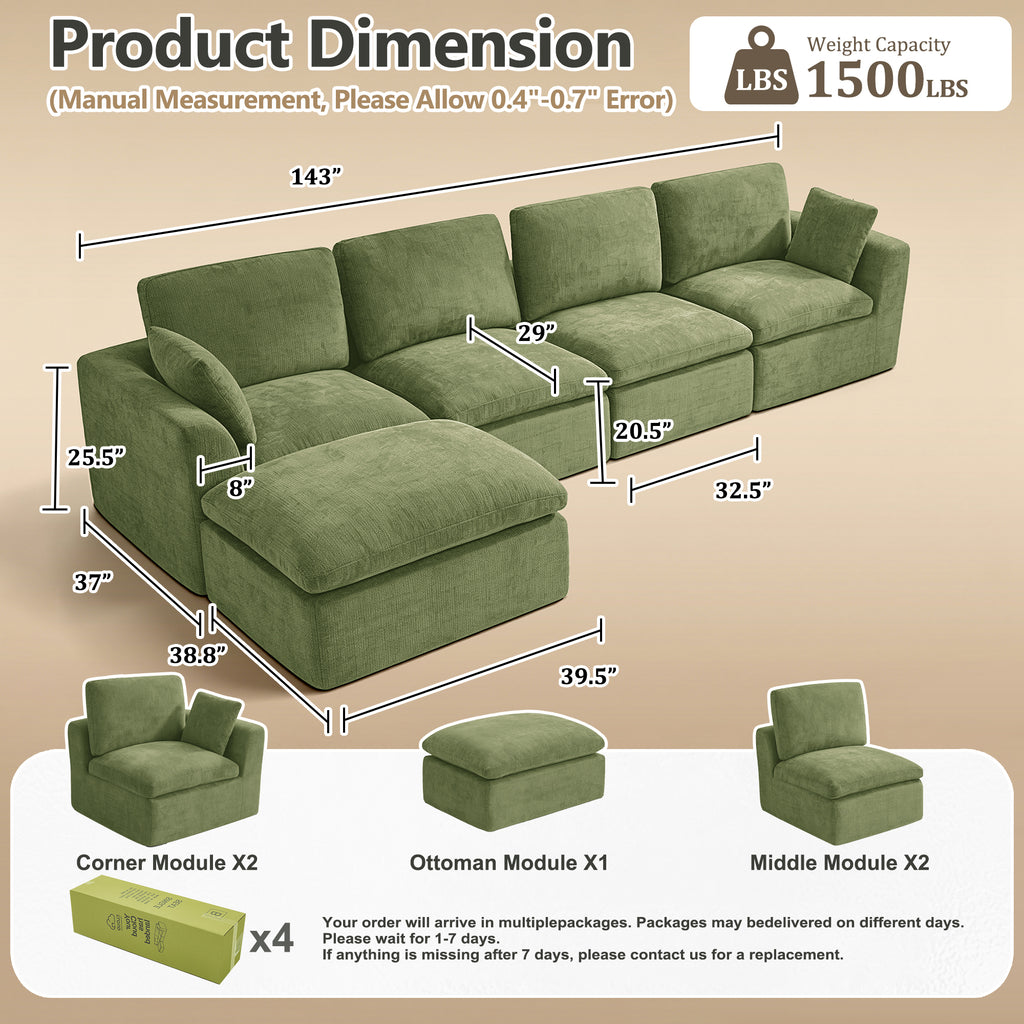 143" 4-Seater Cloud Sofa with Movable Ottoman, Deep Seat Modelar Sectional Sofa with Memory Foam, Soft Chenille Fabric, Plush Comfy Sofa for Living Room, Green