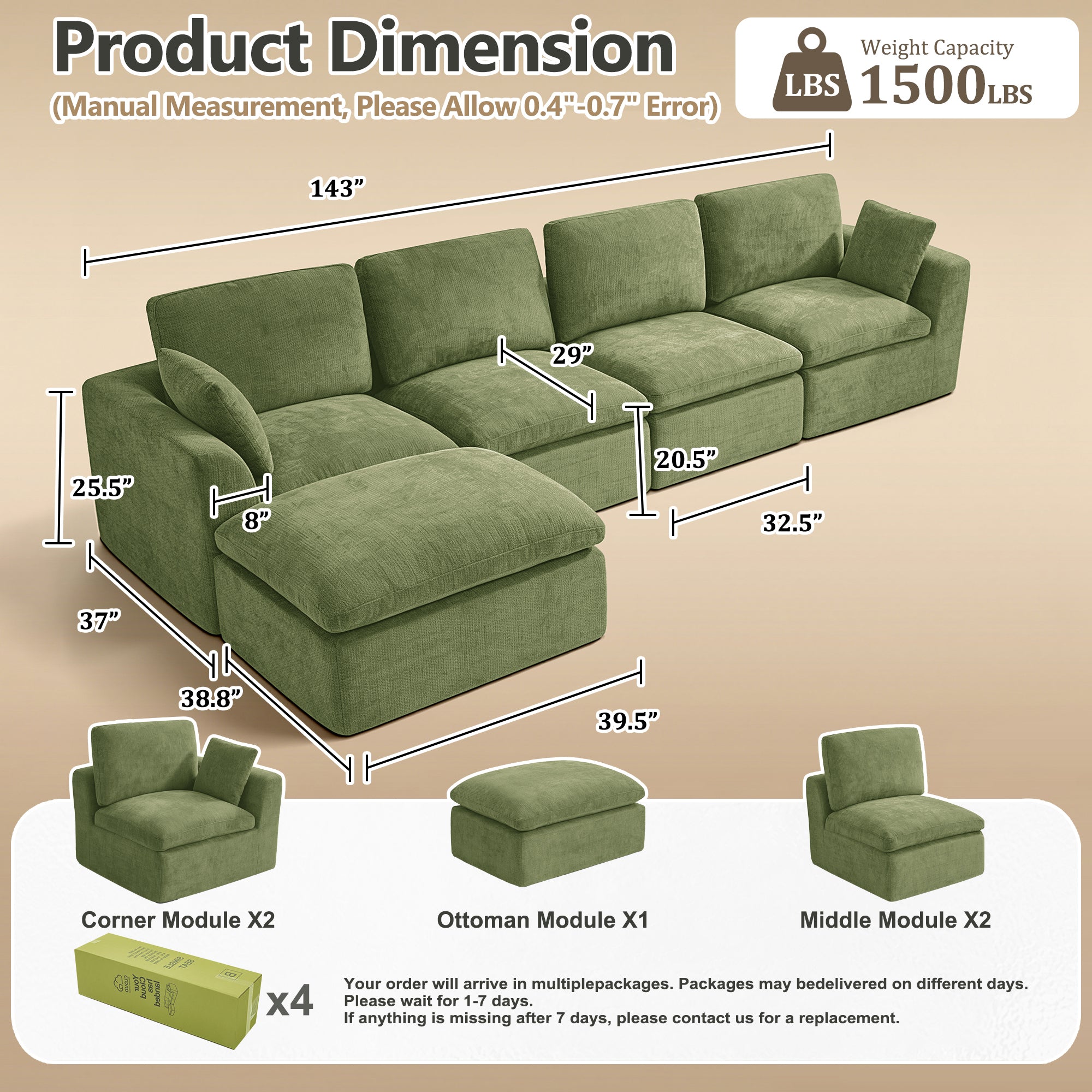 143" 4-Seater Cloud Sofa with Movable Ottoman, Deep Seat Modelar Sectional Sofa with Memory Foam, Soft Chenille Fabric, Plush Comfy Sofa for Living Room, Green