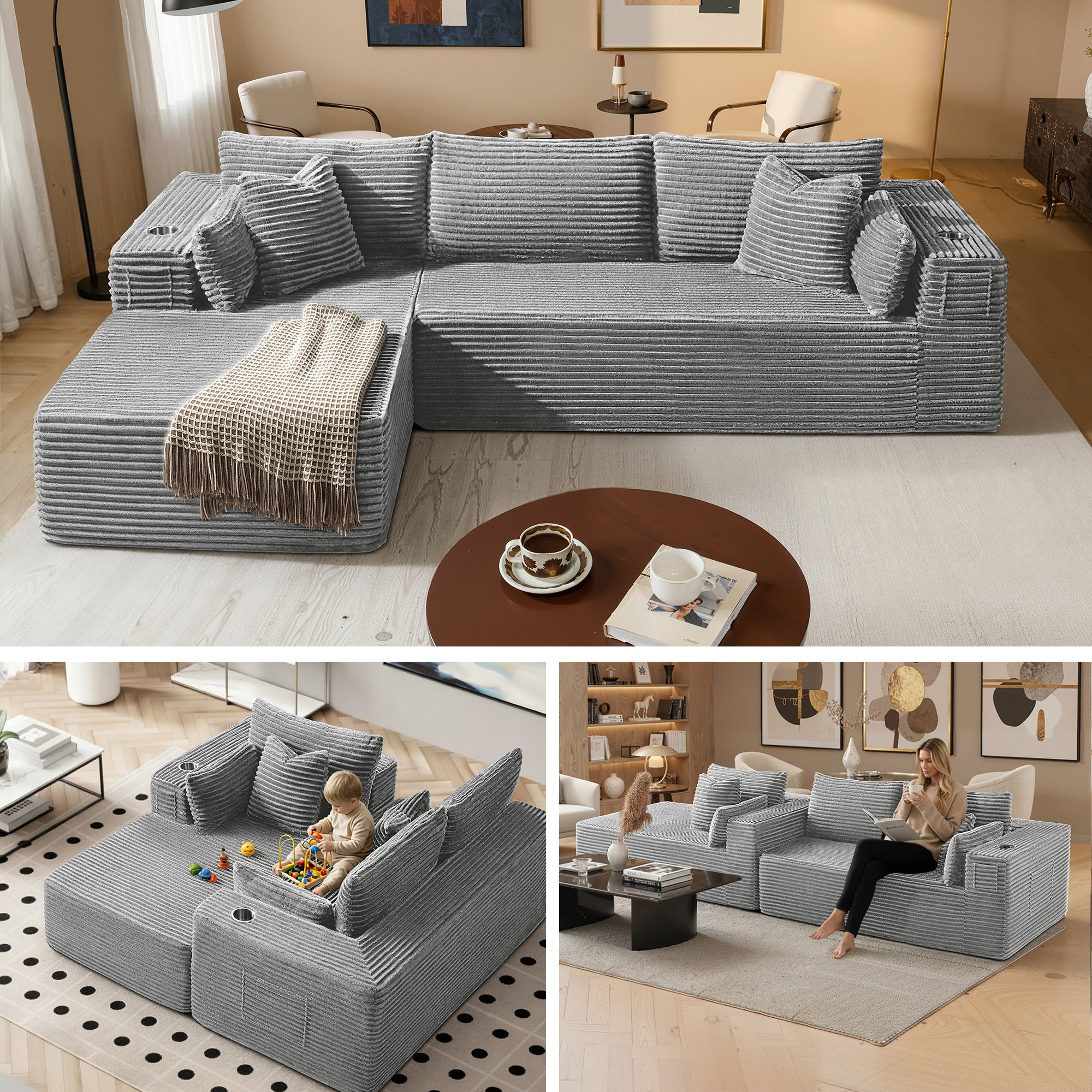 108" L-Shape Modular Cloud Sectional Boneless Sofa with Chaise, Extra-Wide Deep Seat Plush Corduroy Couch for Living Rooms & Apartments (Light Grey)