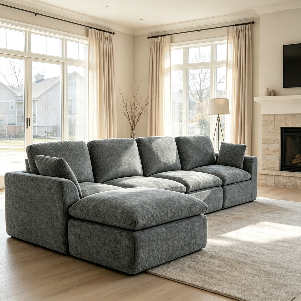 143" 4-Seater Cloud Sofa with Movable Ottoman, Deep Seat Modelar Sectional Sofa with Memory Foam, Soft Chenille Fabric, Plush Comfy Sofa for Living Room, Dark Gray