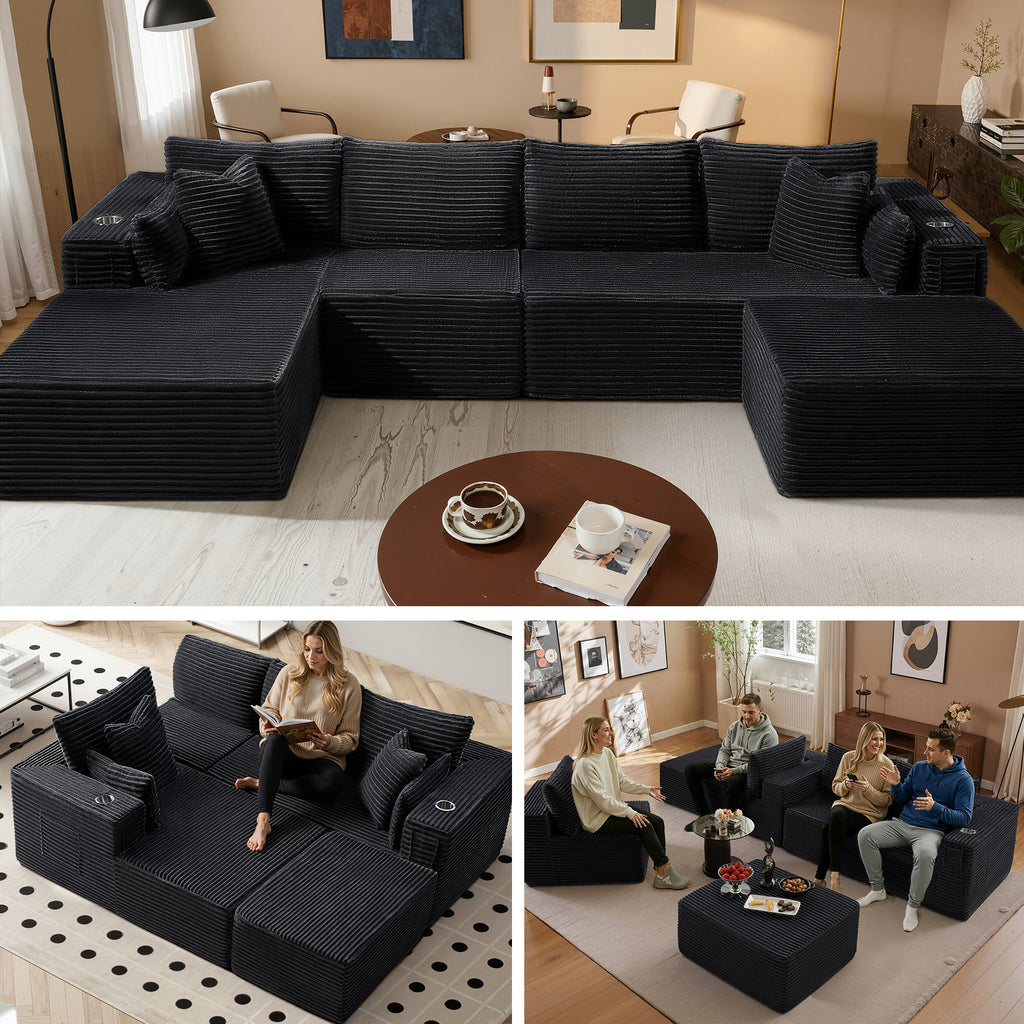 138" U-Shape Modular Cloud Sectional Boneless Sofa with Chaise & Ottoman, Extra-Wide Deep Seat Plush Corduroy Couch for Living Rooms & Apartments (Black)