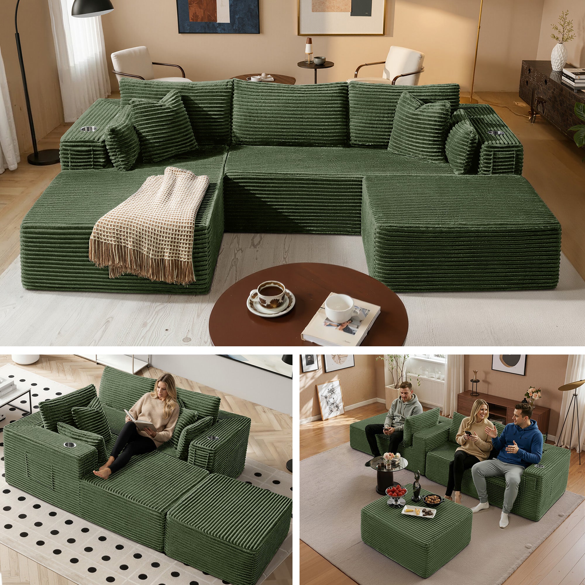 108" U-Shape Modular Cloud Sectional Boneless Sofa with Chaise & Ottoman, Extra-Wide Deep Seat Plush Corduroy Couch for Living Rooms & Apartments (Green)