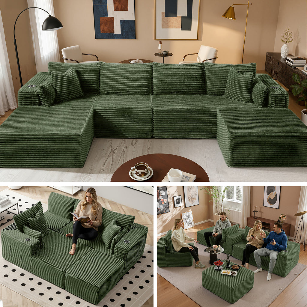 138" U-Shape Modular Cloud Sectional Boneless Sofa with Chaise & Ottoman, Extra-Wide Deep Seat Plush Corduroy Couch for Living Rooms & Apartments (Green)
