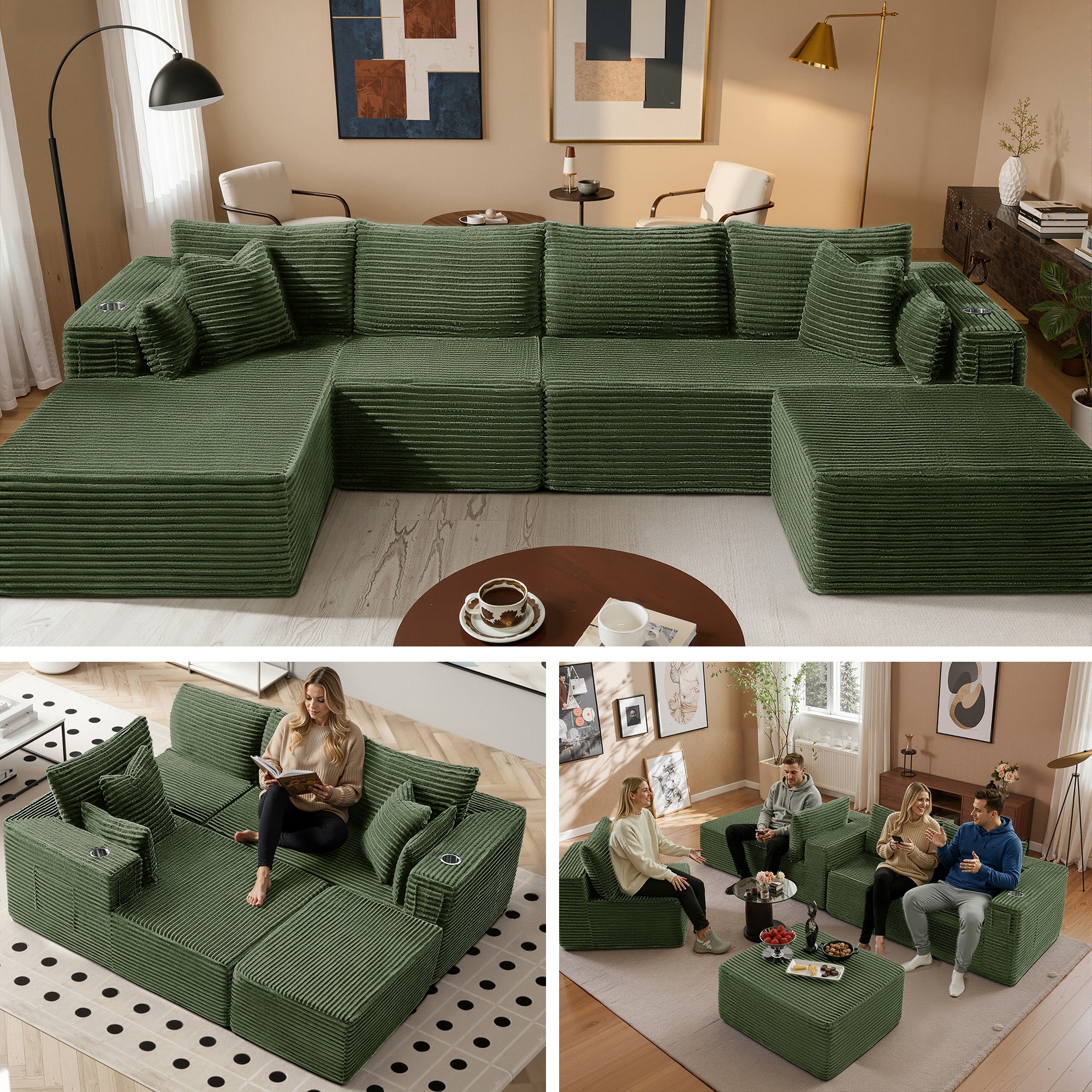 138" U-Shape Modular Cloud Sectional Boneless Sofa with Chaise & Ottoman, Extra-Wide Deep Seat Plush Corduroy Couch for Living Rooms & Apartments (Green)