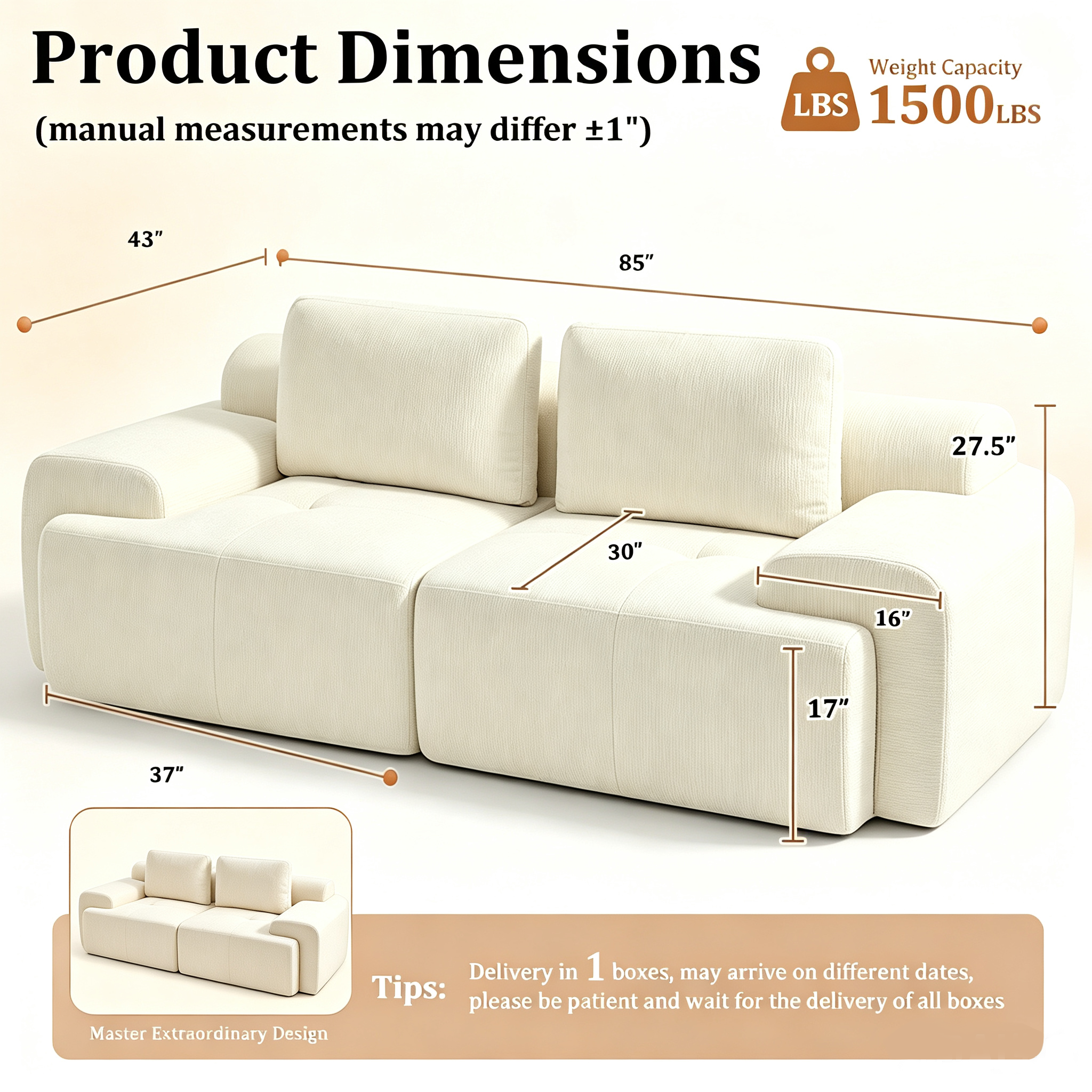 85" Loveseat Cloud Modular Sectional Sofa, High Back & Extra Deep Seat, No Assembly Required Soft Chenille, 2 Seat,Beige
